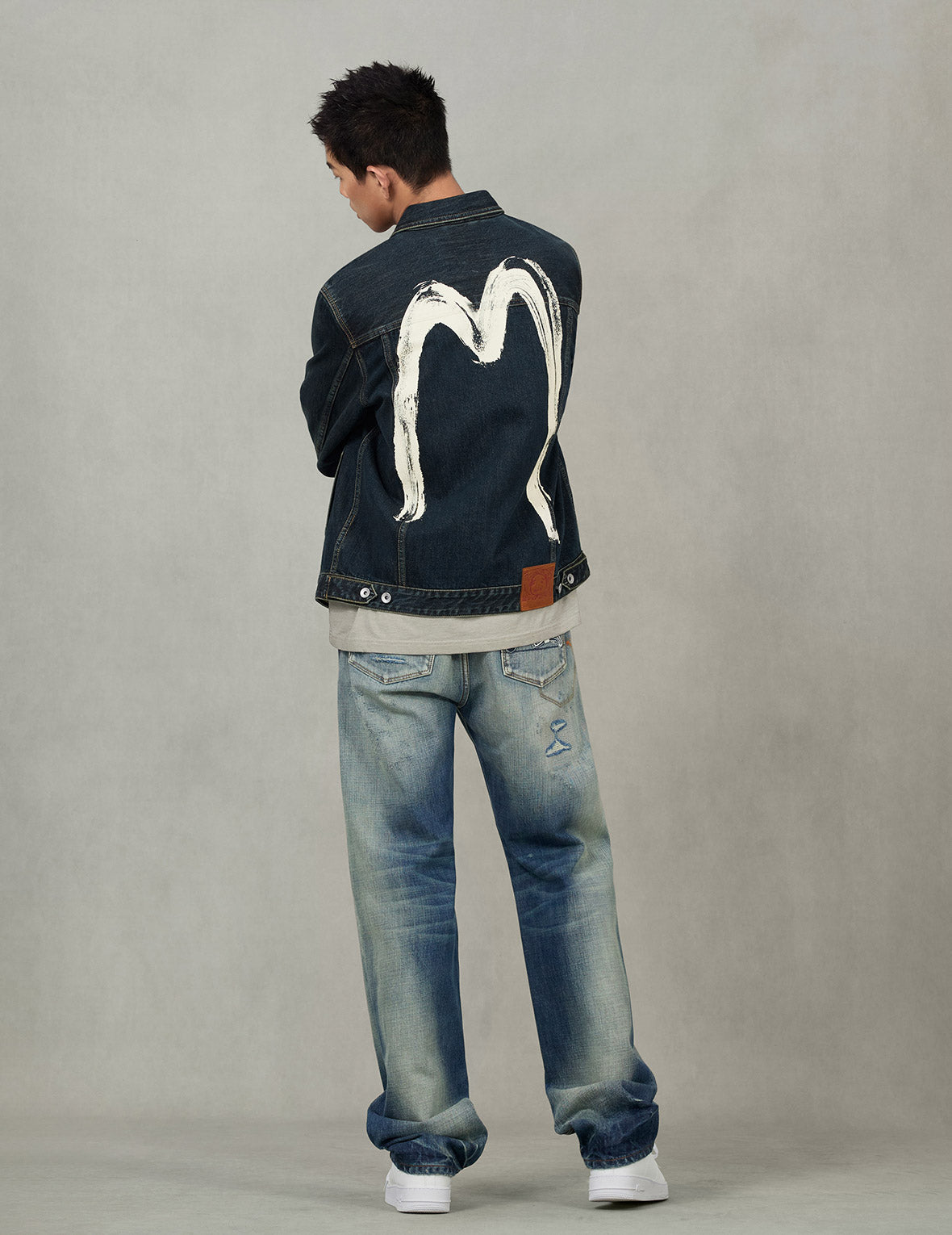 Washed Brushstroke Daicock Print Regular Fit Denim Jacket