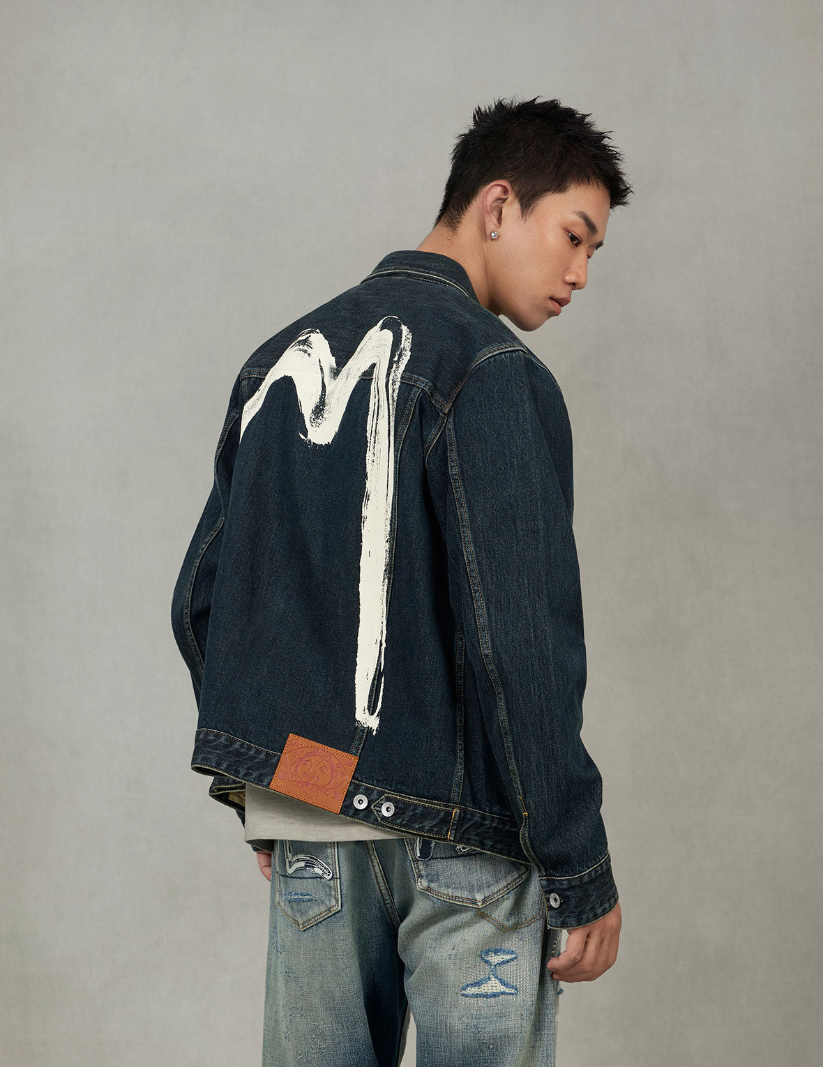 Washed Brushstroke Daicock Print Regular Fit Denim Jacket