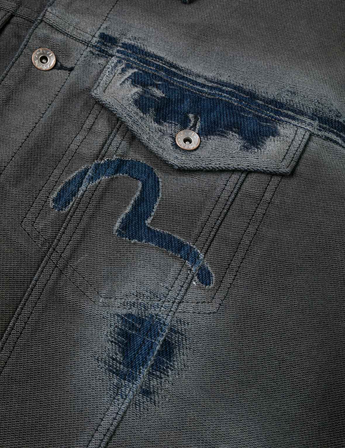 Distressed Seagull and Logo Print Relax Fit Washed Denim Jacket