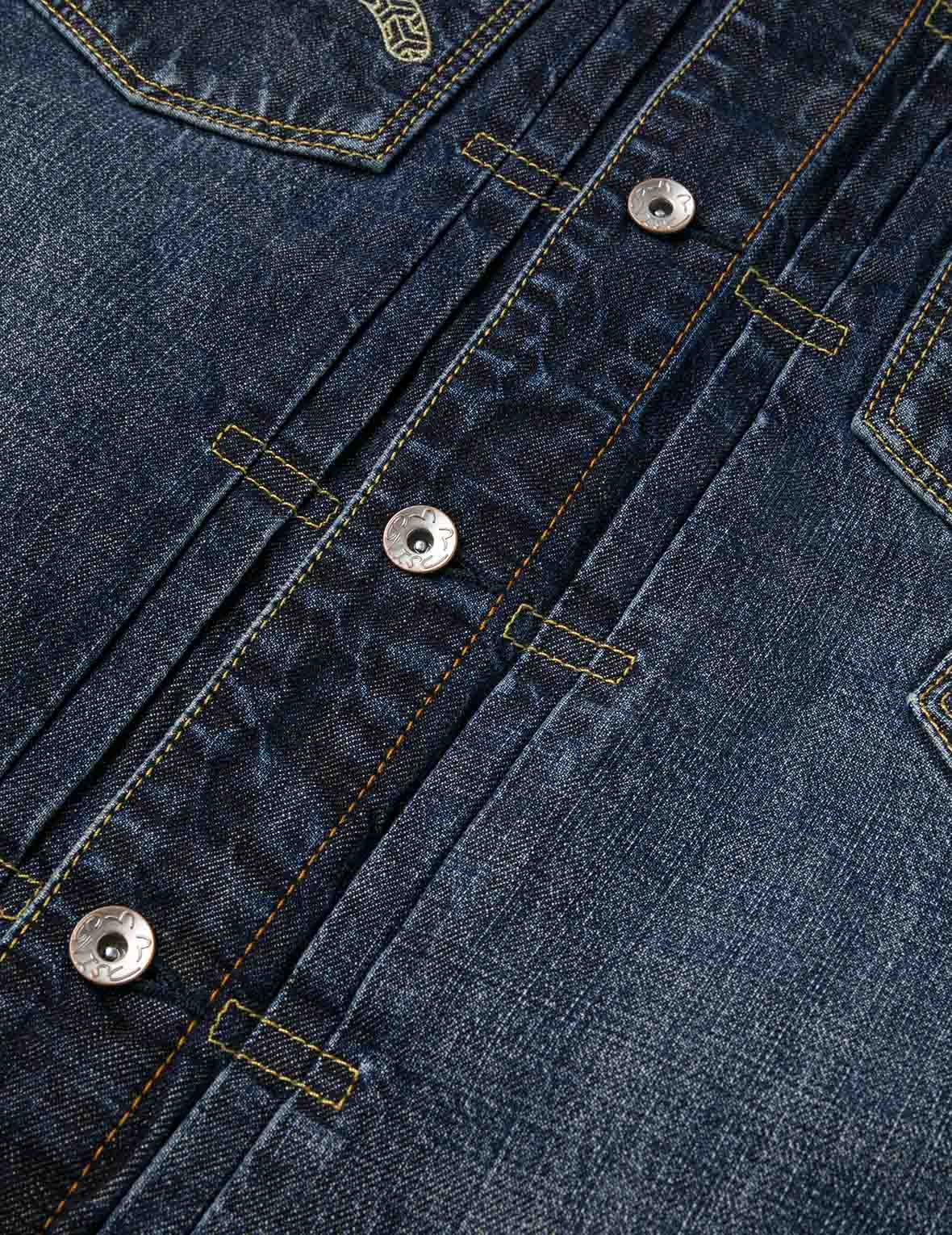 多口袋和佛頭舞獅印花寬版休閒水洗牛仔外套