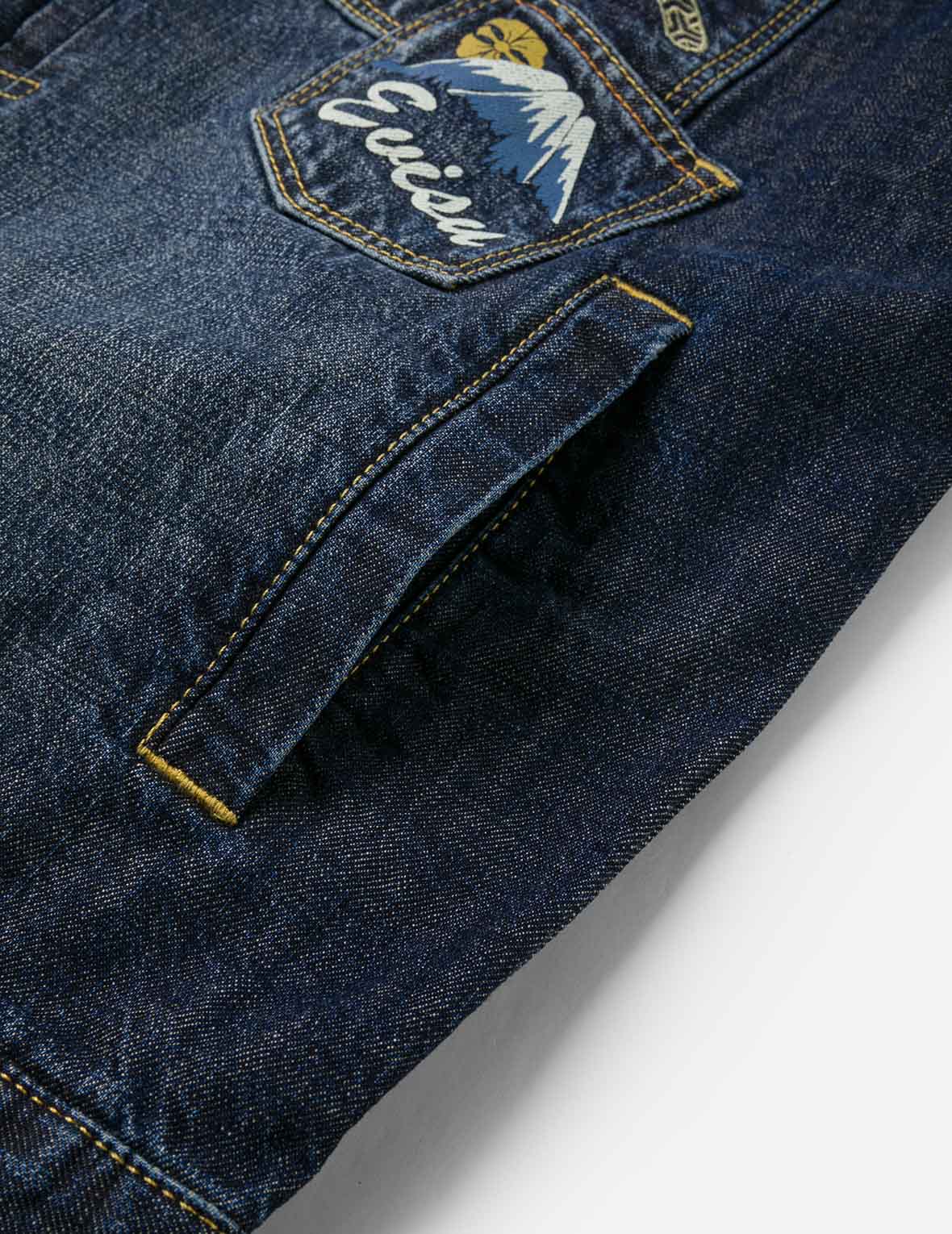 多口袋和佛頭舞獅印花寬版休閒水洗牛仔外套