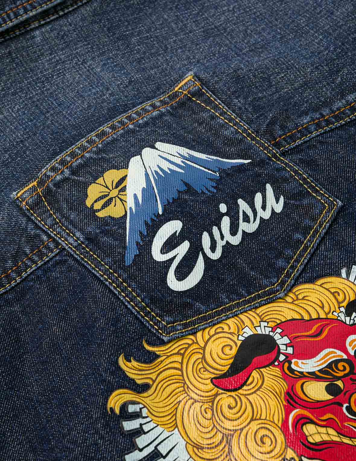 多口袋和佛頭舞獅印花寬版休閒水洗牛仔外套