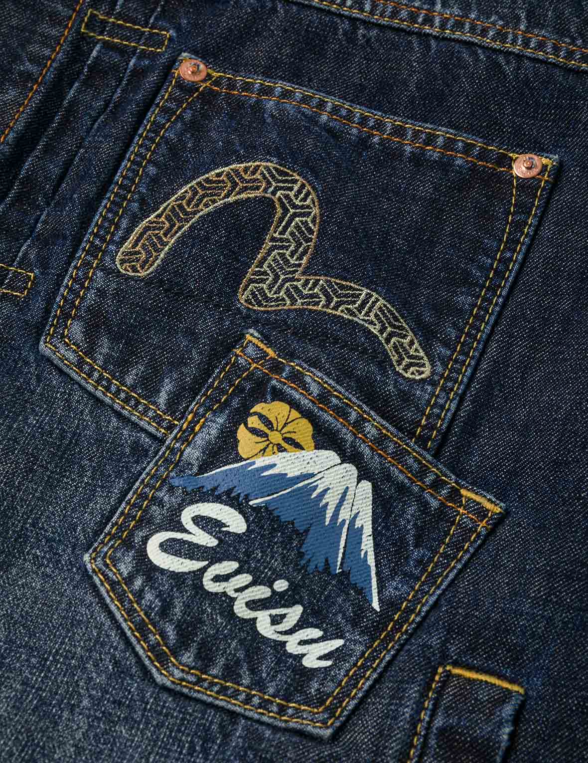 多口袋和佛頭舞獅印花寬版休閒水洗牛仔外套