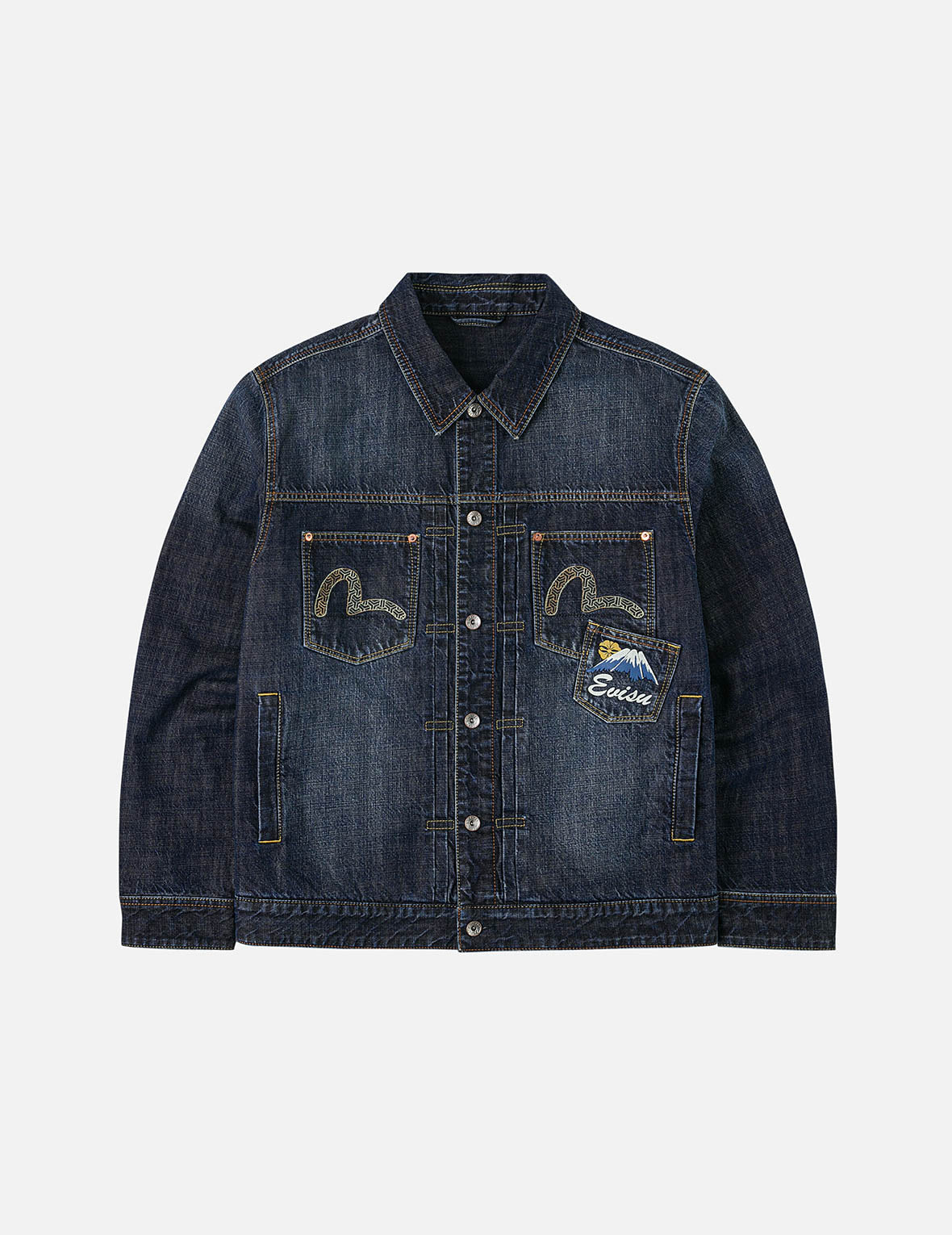 鮭*虎様 EVISU combination jacket エヴィスカ デニムブ Washed Multi-Pocket with Lion Dance Print Relax Fit Denim Jacket