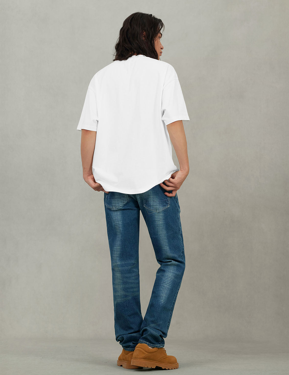 手刷千鳥格大M印花水洗修身牛仔褲 #2010