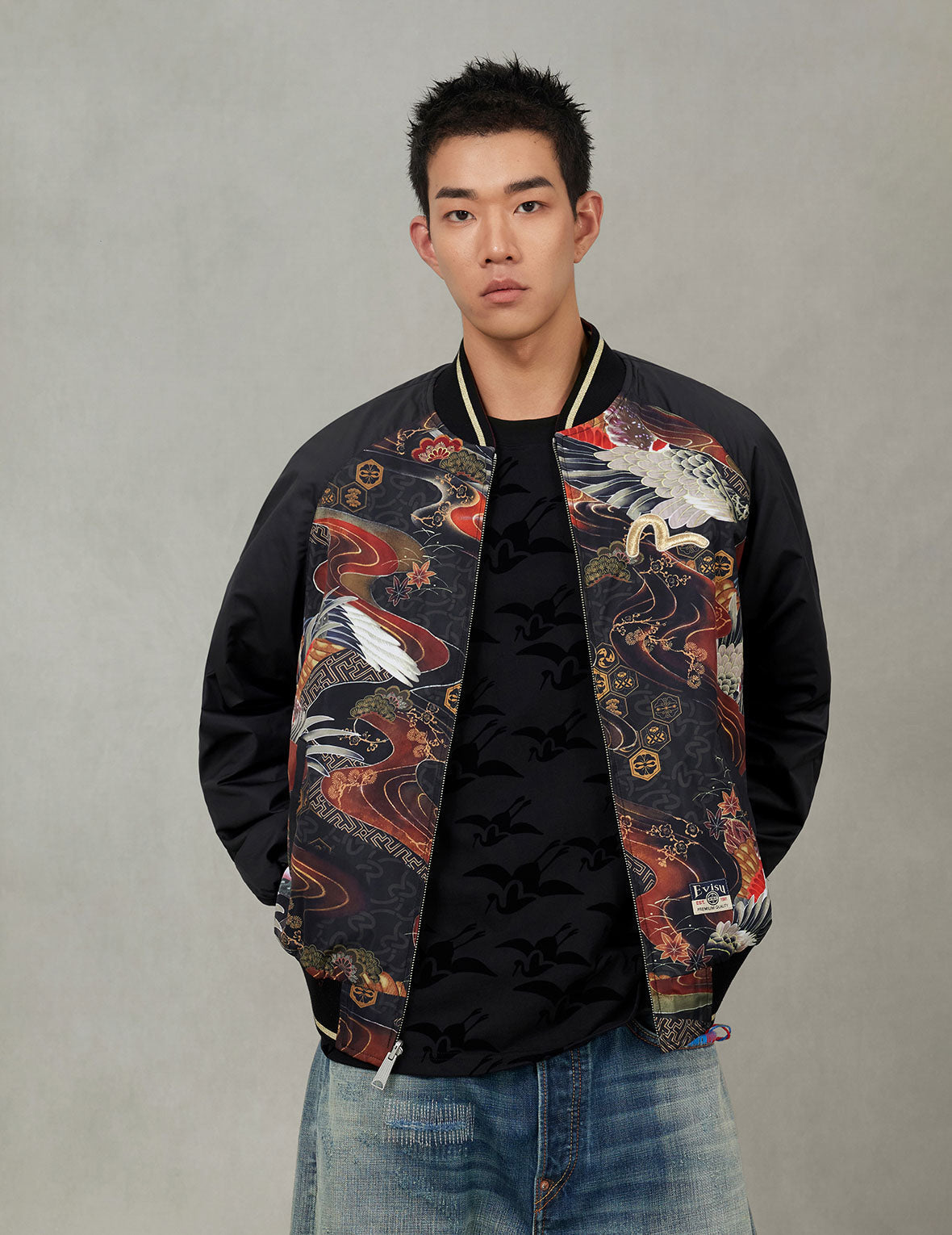 Crane and Logo Embroidery Regular Fit Reversible Bomber Jacket