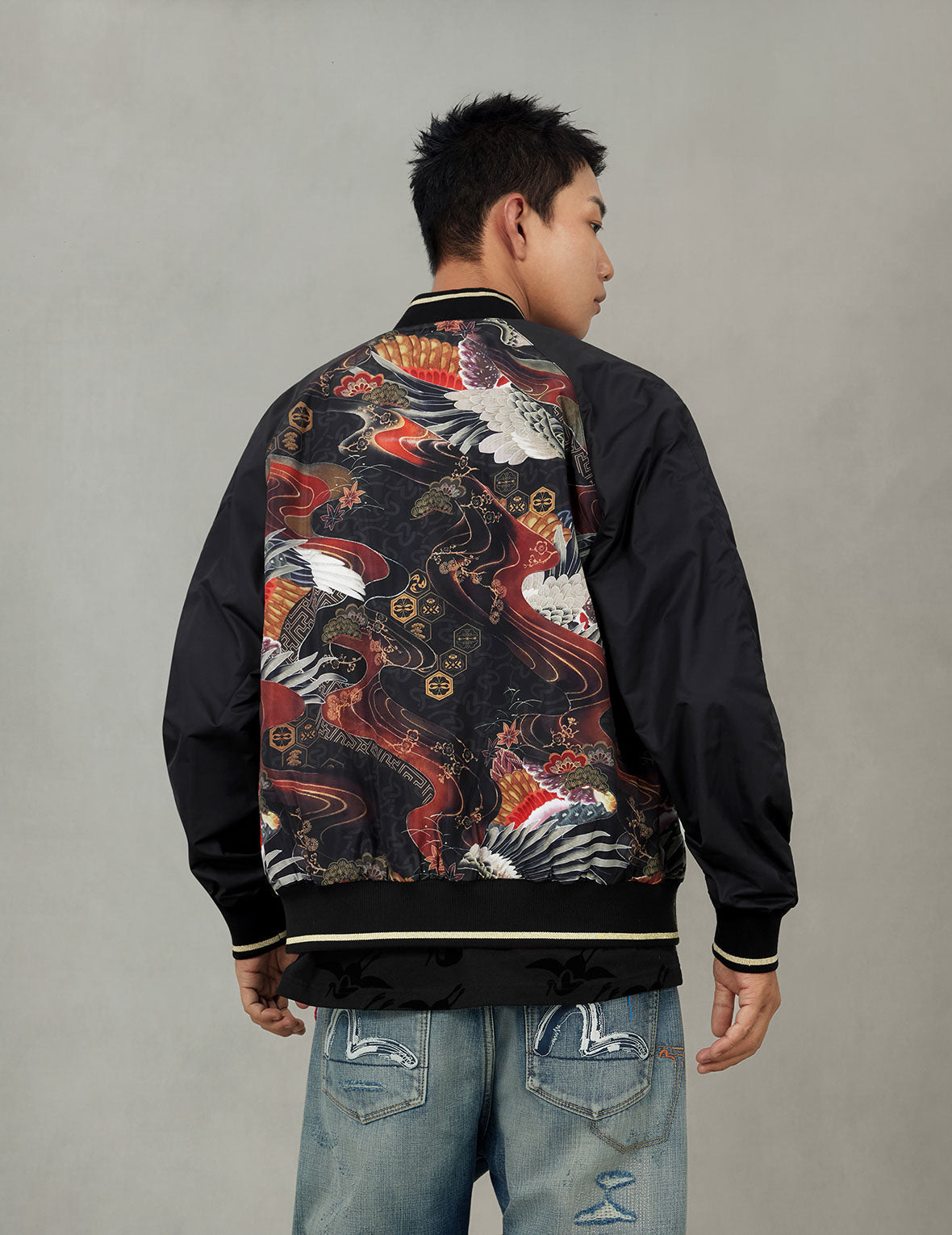 Crane and Logo Embroidery Regular Fit Reversible Bomber Jacket