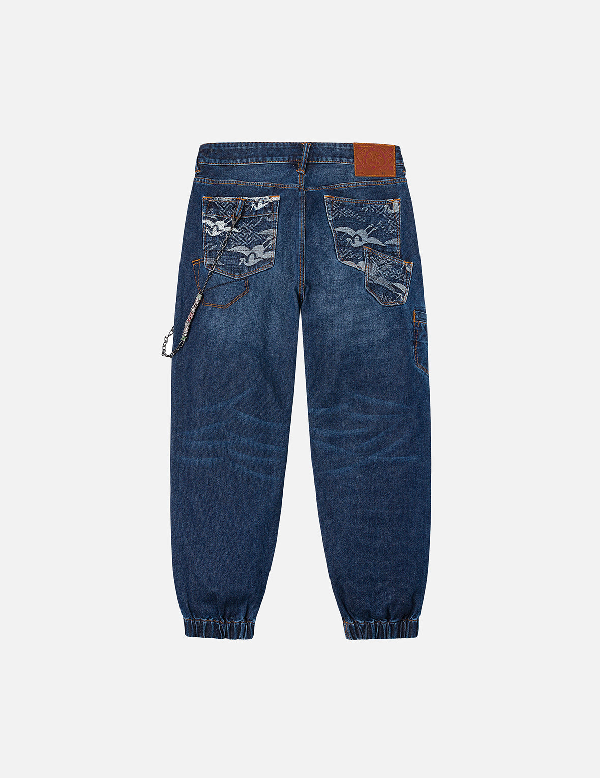 Multi-pocket and Seagull Crane Print Loose Fit Washed Denim Joggers