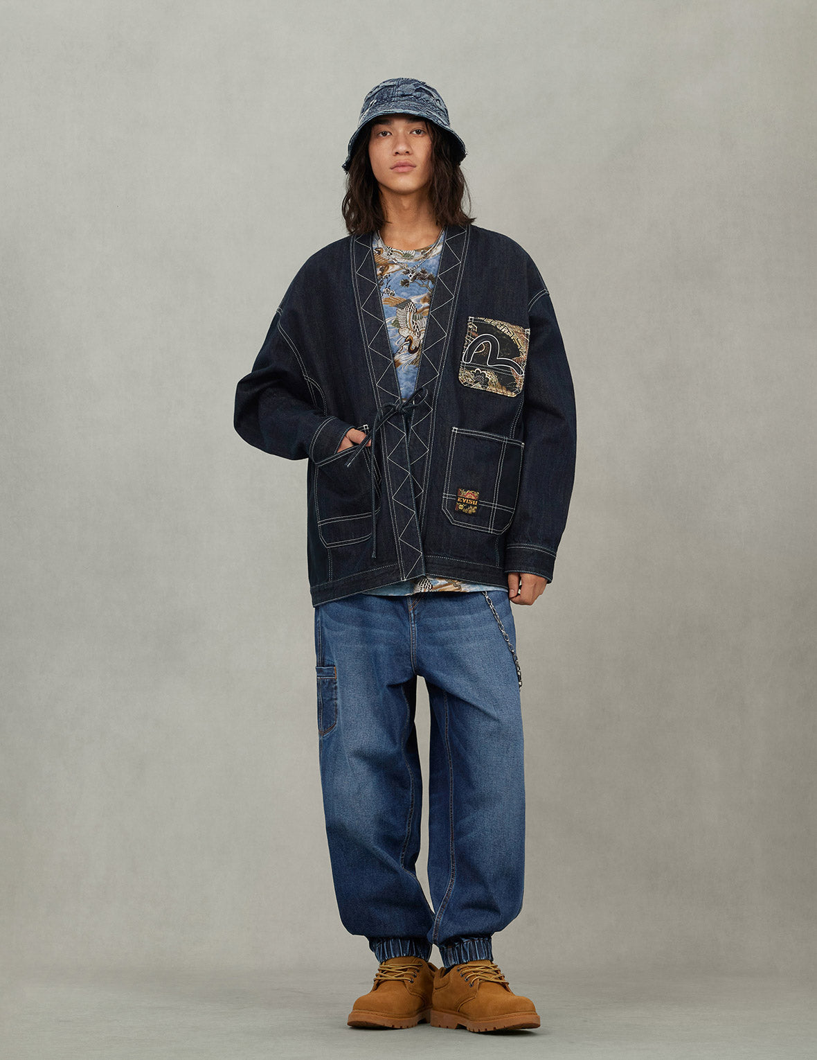 Multi-Pocket with Brocade Patch Relax Fit Denim Kimono – EVISU