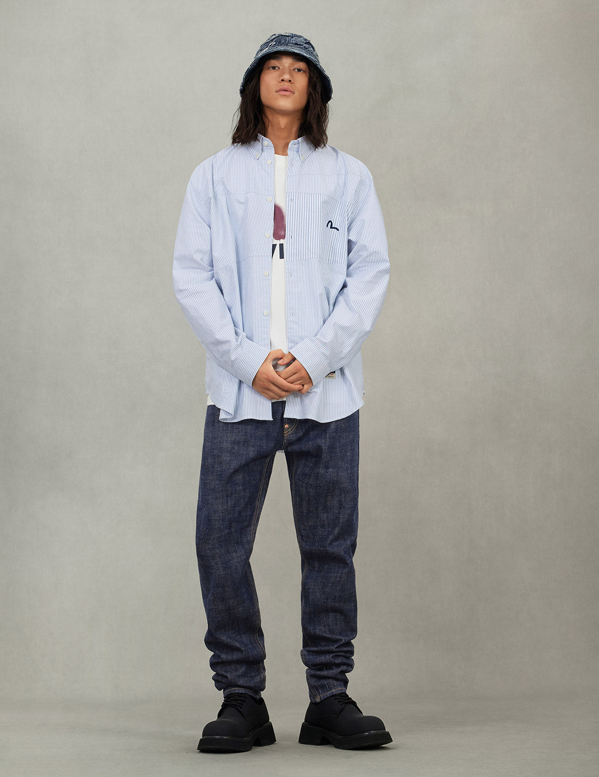 Deconstructed Seagull Embroidery Relax Fit Striped Shirt