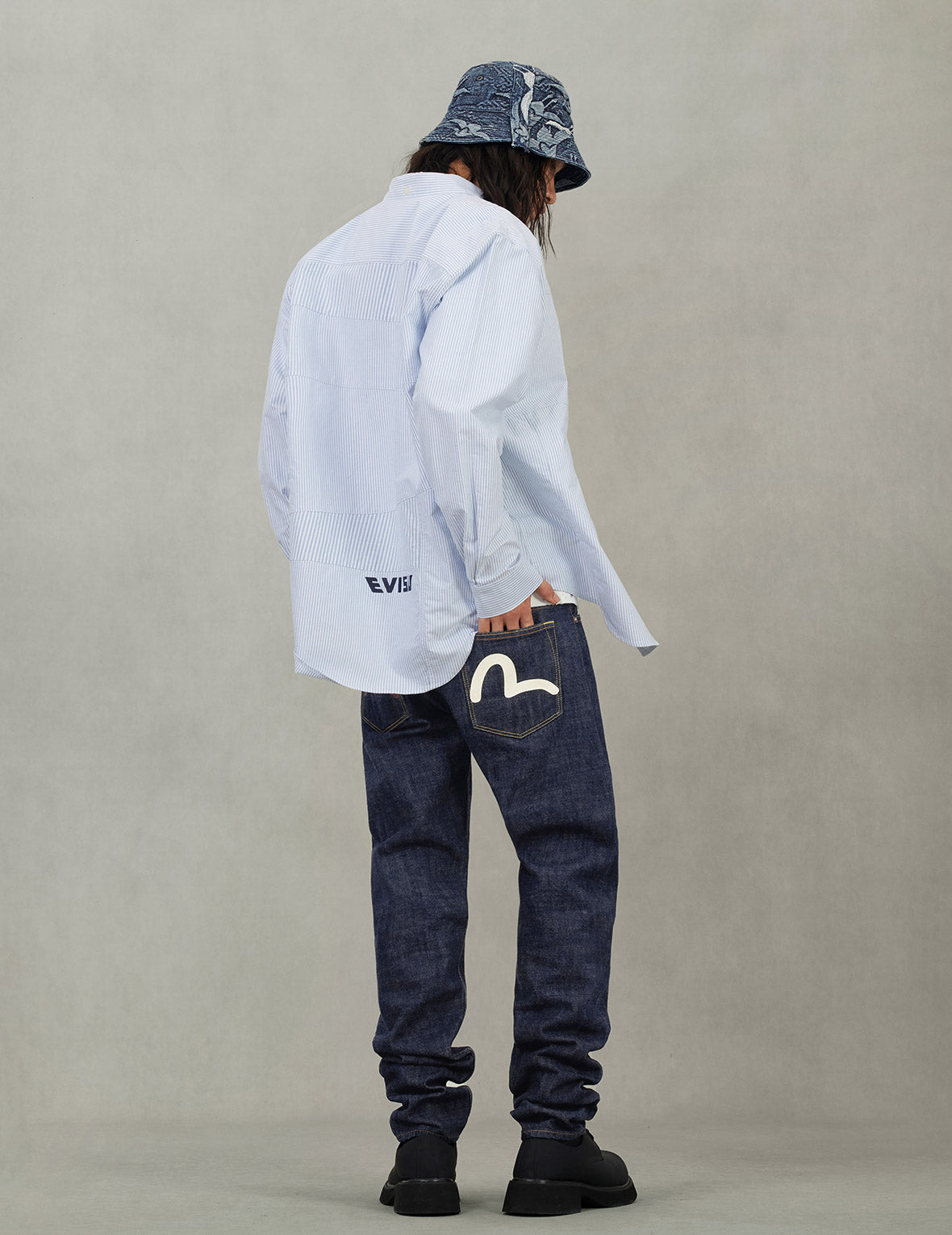 Deconstructed Seagull Embroidery Relax Fit Striped Shirt