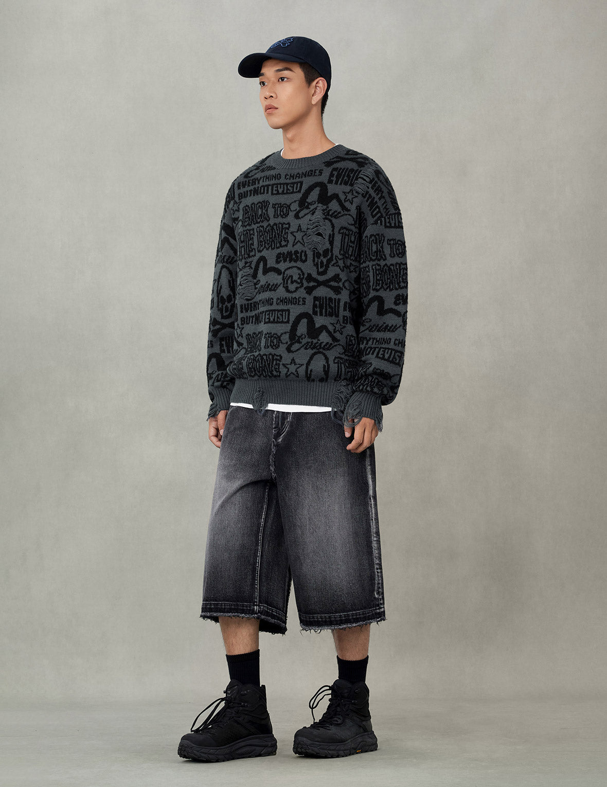 Allover Logos Jacquard Oversized Distressed Knit Sweater – EVISU