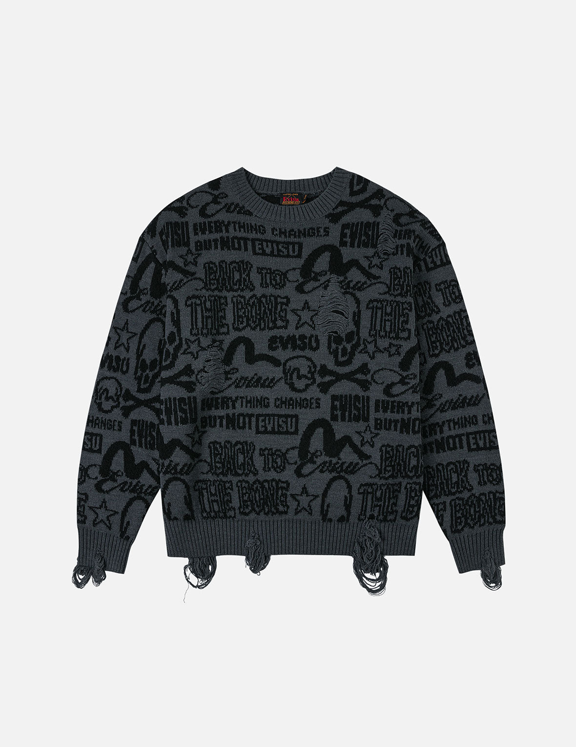 Allover Logos Jacquard Oversized Distressed Knit Sweater – EVISU