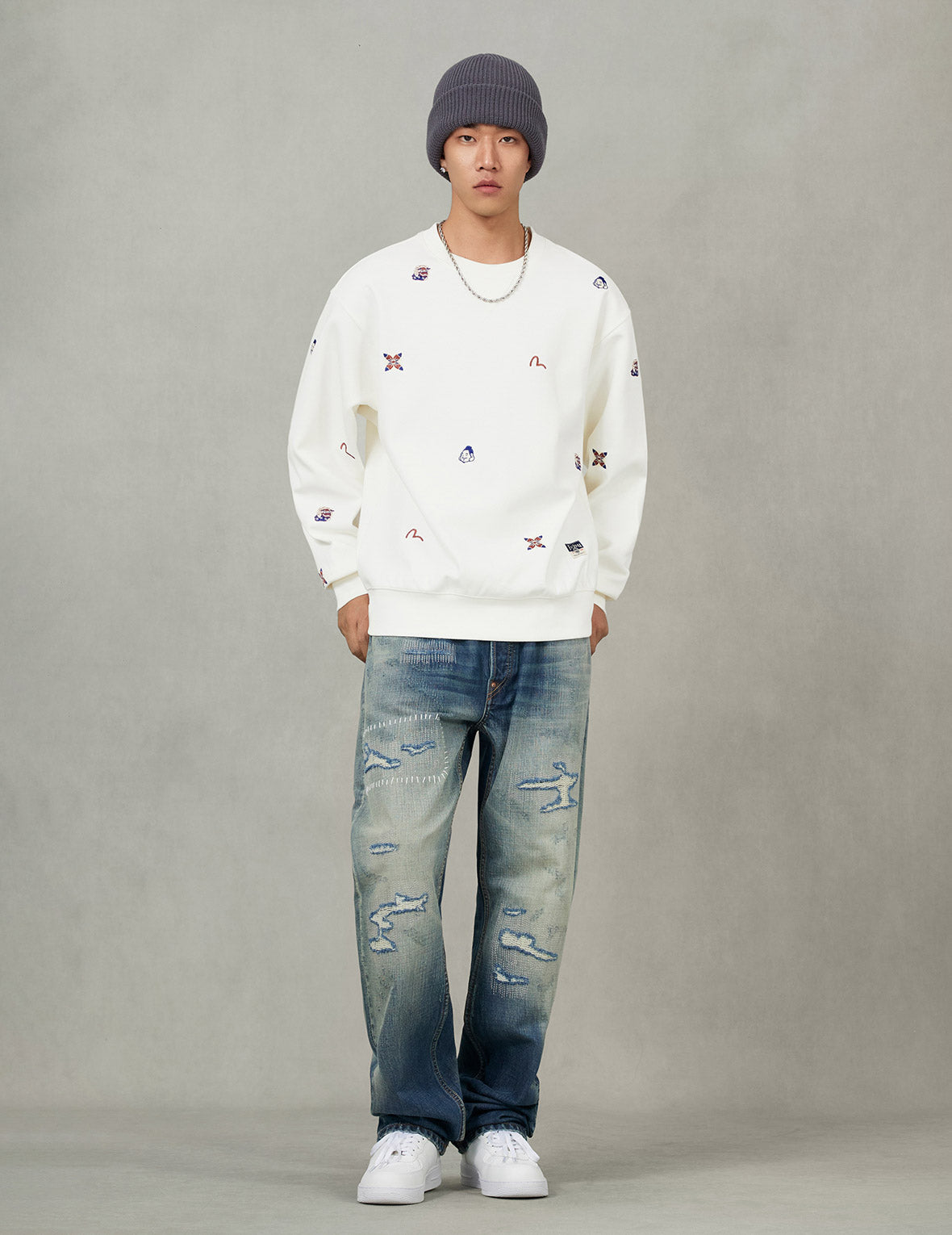 Allover Multi Logos Embroidery Relax Fit Sweatshirt