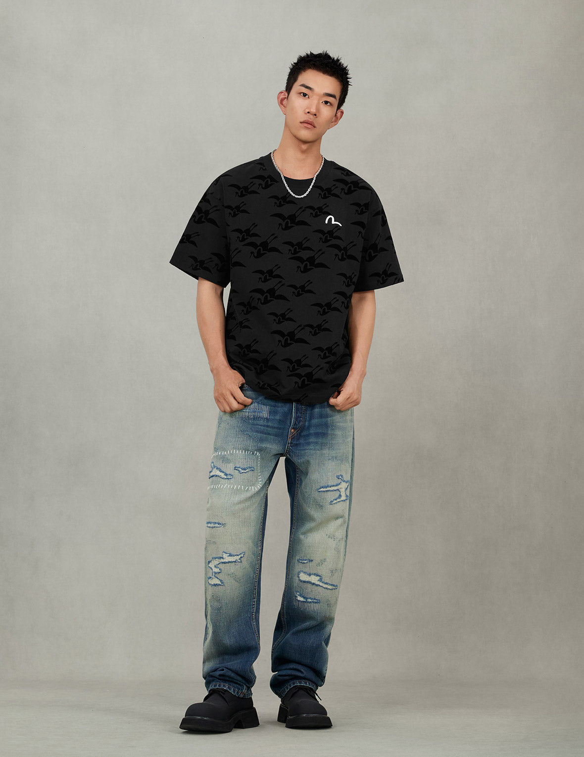 Allover Seagull Crane Flocking Print Relax Fit T-shirt