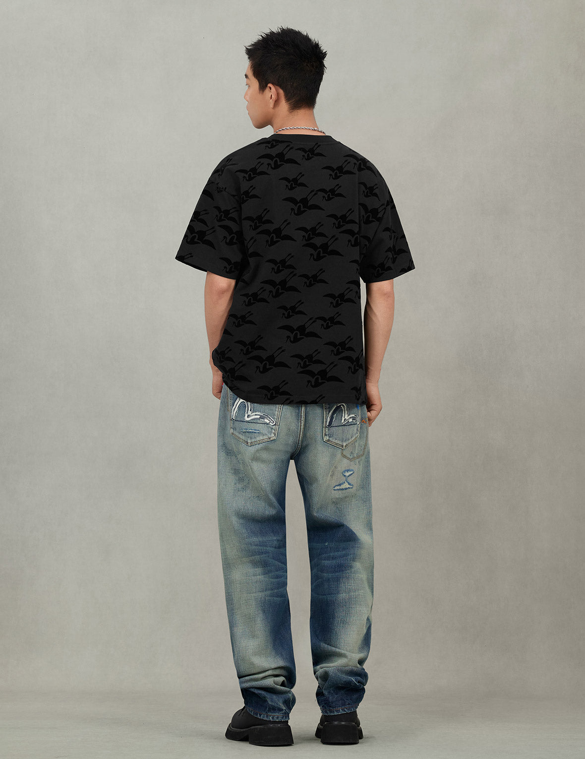 Allover Seagull Crane Flocking Print Relax Fit T-shirt