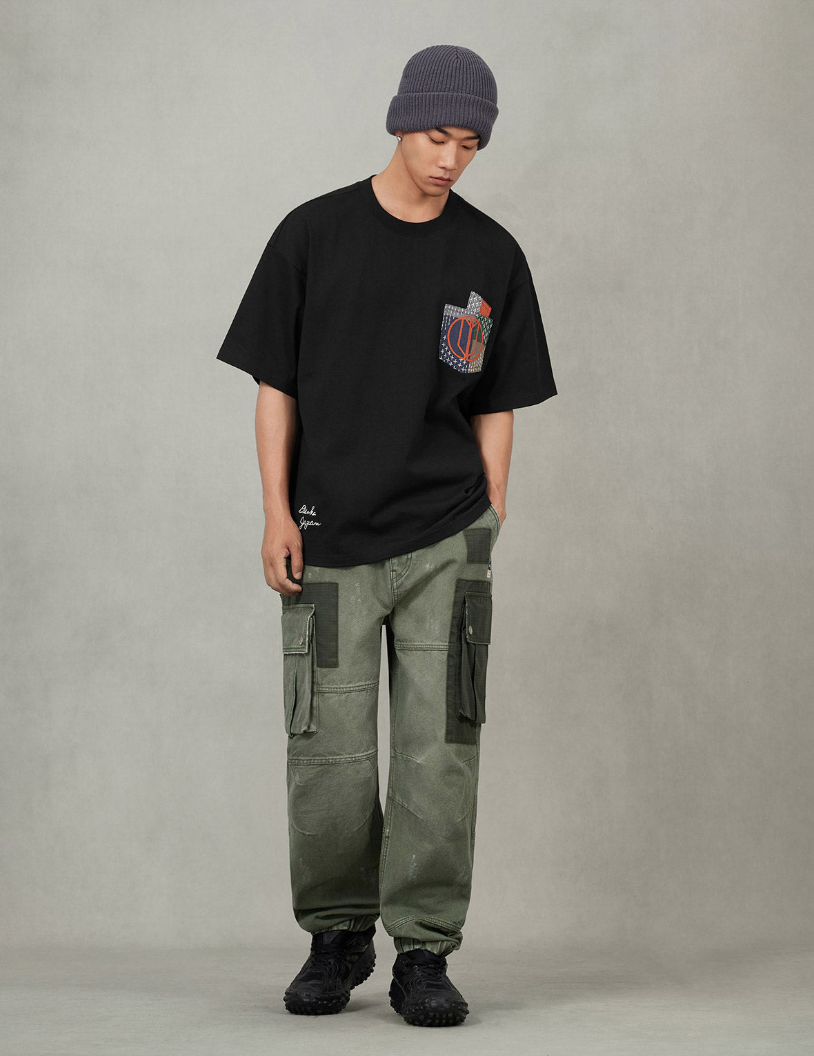 Multi-pocket Color Blocking Sashiko Loose Fit T-shirt