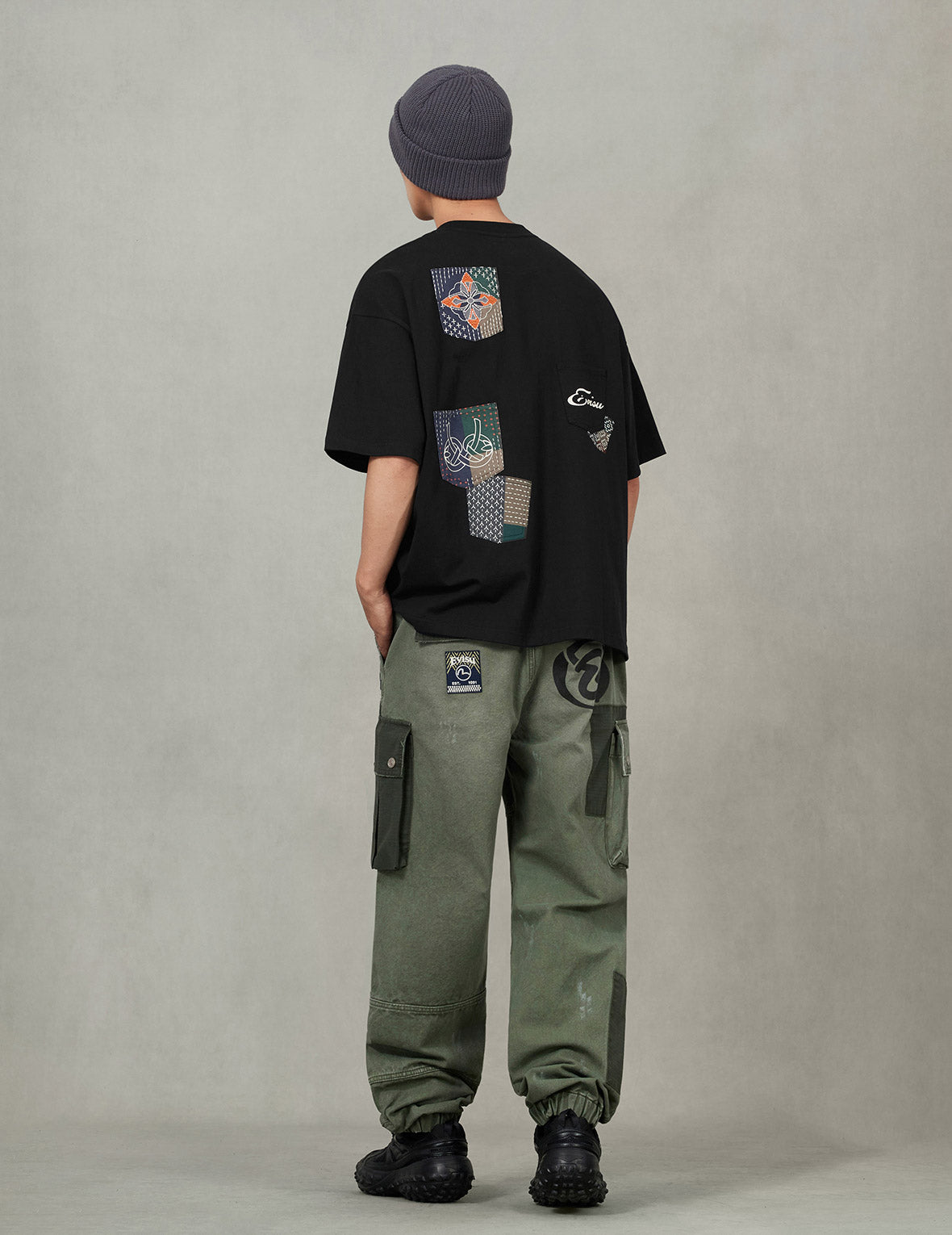 Multi-pocket Color Blocking Sashiko Loose Fit T-shirt