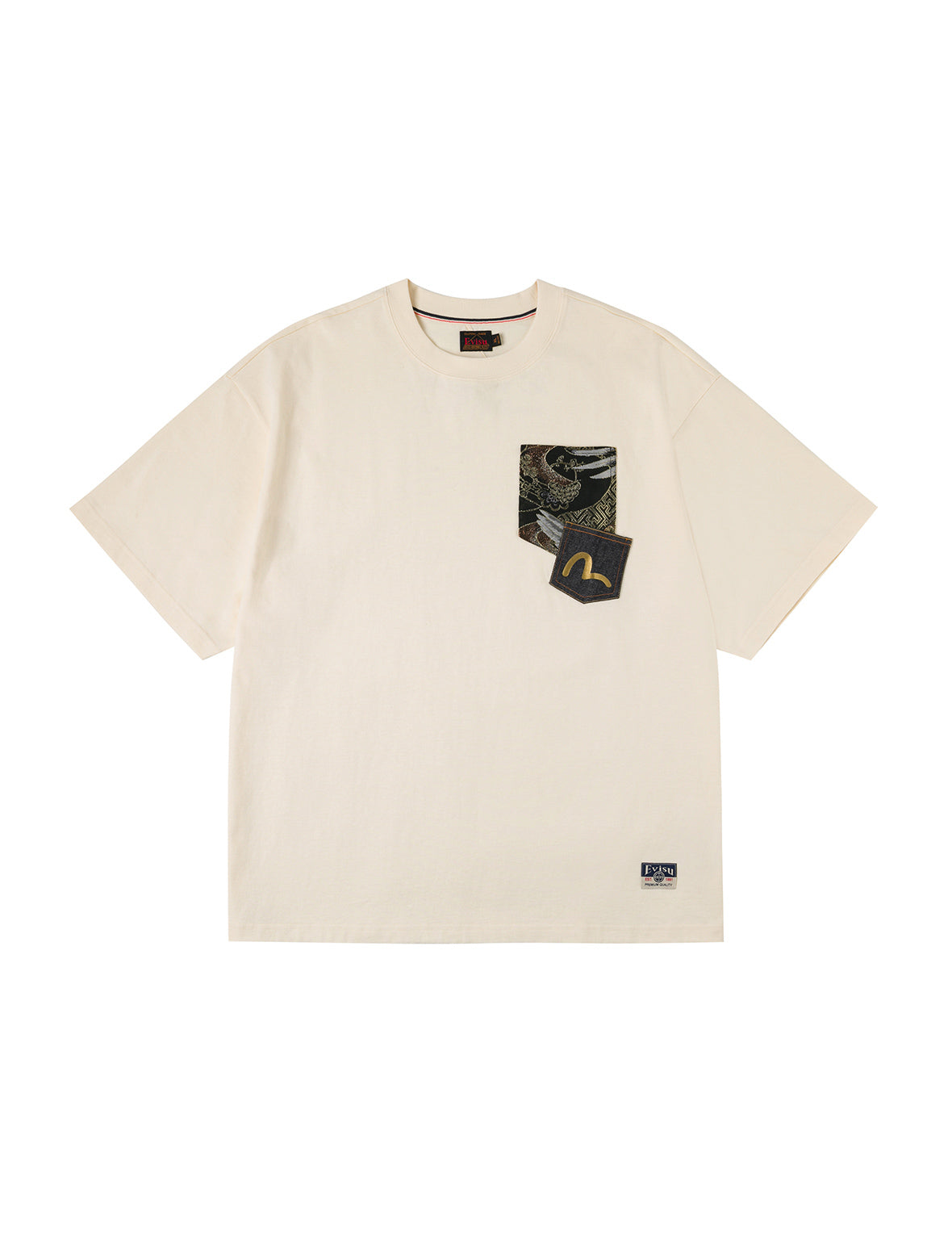 Brocade Pocket with Seagull Foil Print Loose Fit T-Shirt