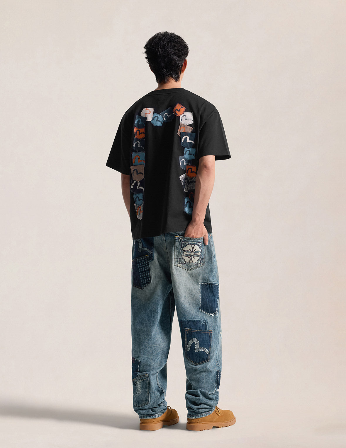 襤褸多口袋海鷗家紋刺繡牛仔褲 #2030