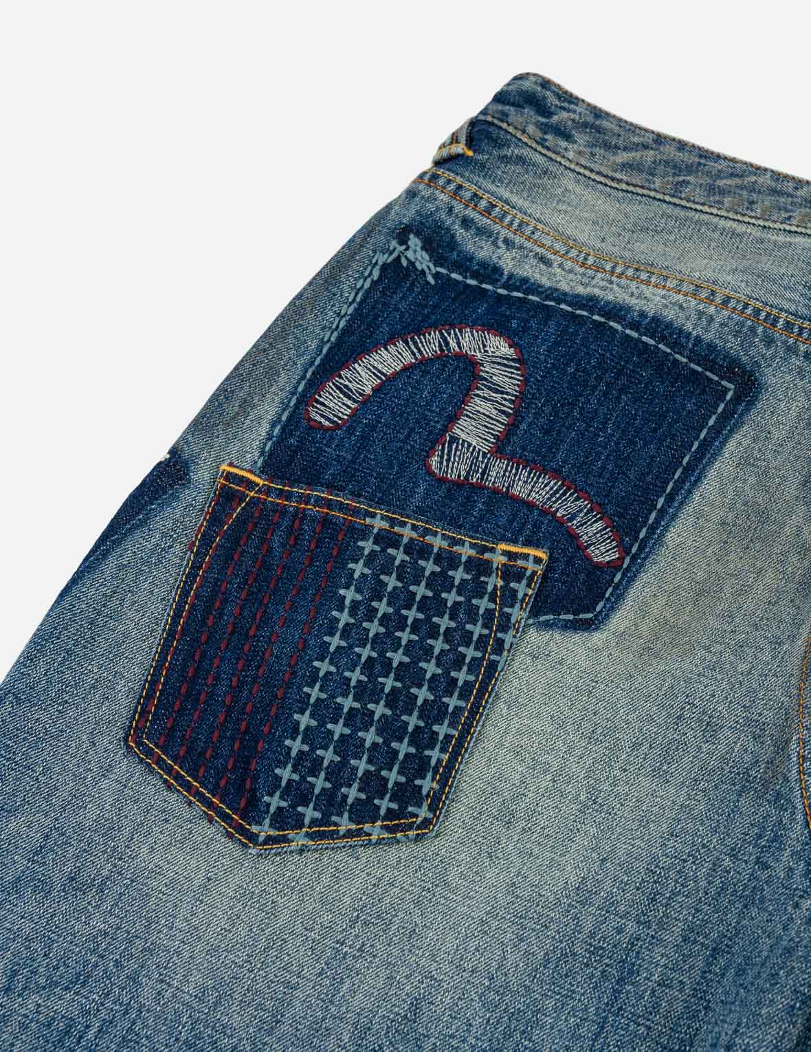 襤褸多口袋海鷗家紋刺繡牛仔褲 #2030