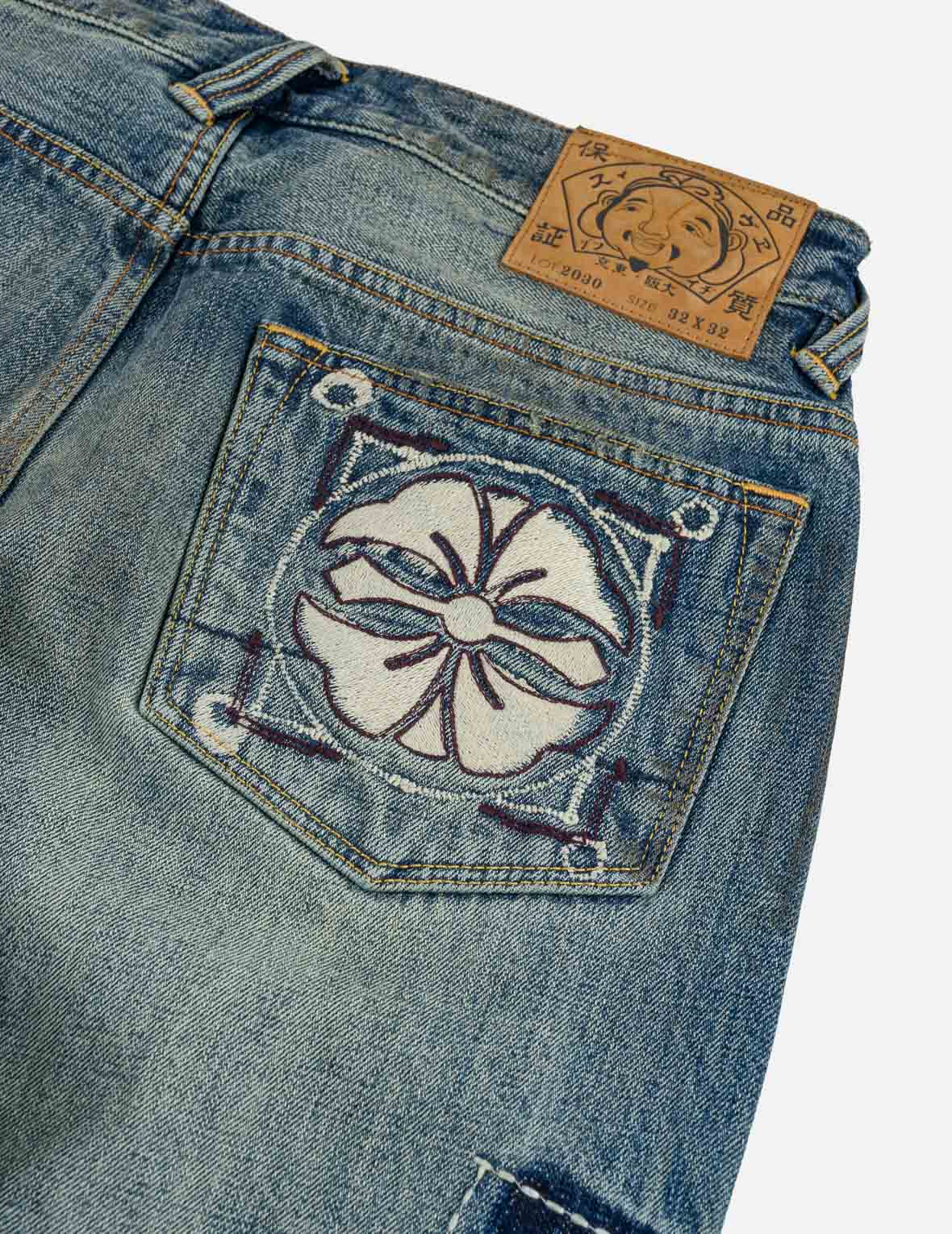 襤褸多口袋海鷗家紋刺繡牛仔褲 #2030