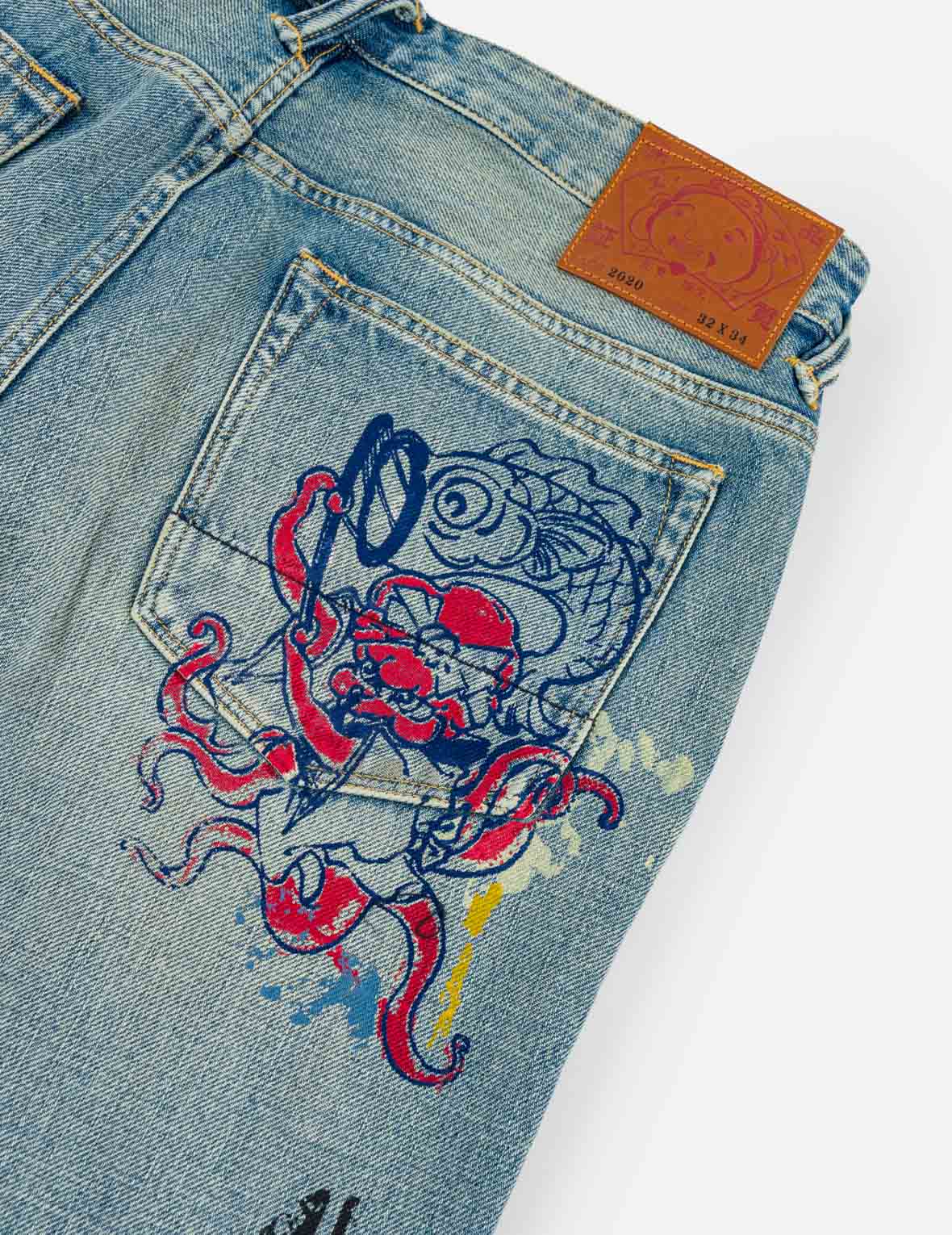 Fortune Theme Hand-Painted All-Over Print Jeans #2020