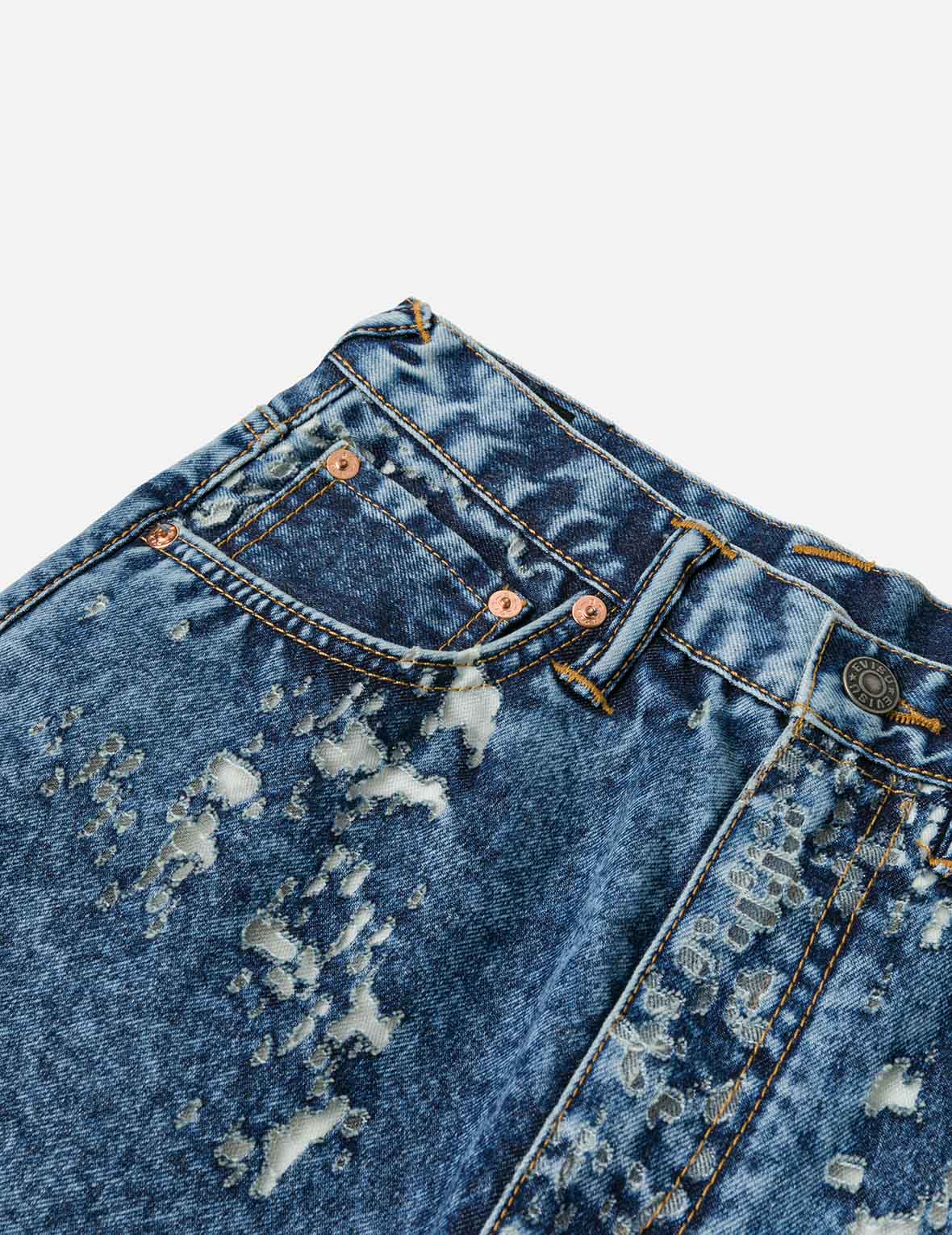 未使用 DIANTE EMBROIDERY DAMAGE DENIM BLUE Seagull Embroidery Fashion Fit Burn-Out Fashion Fit Jeans – EVISU