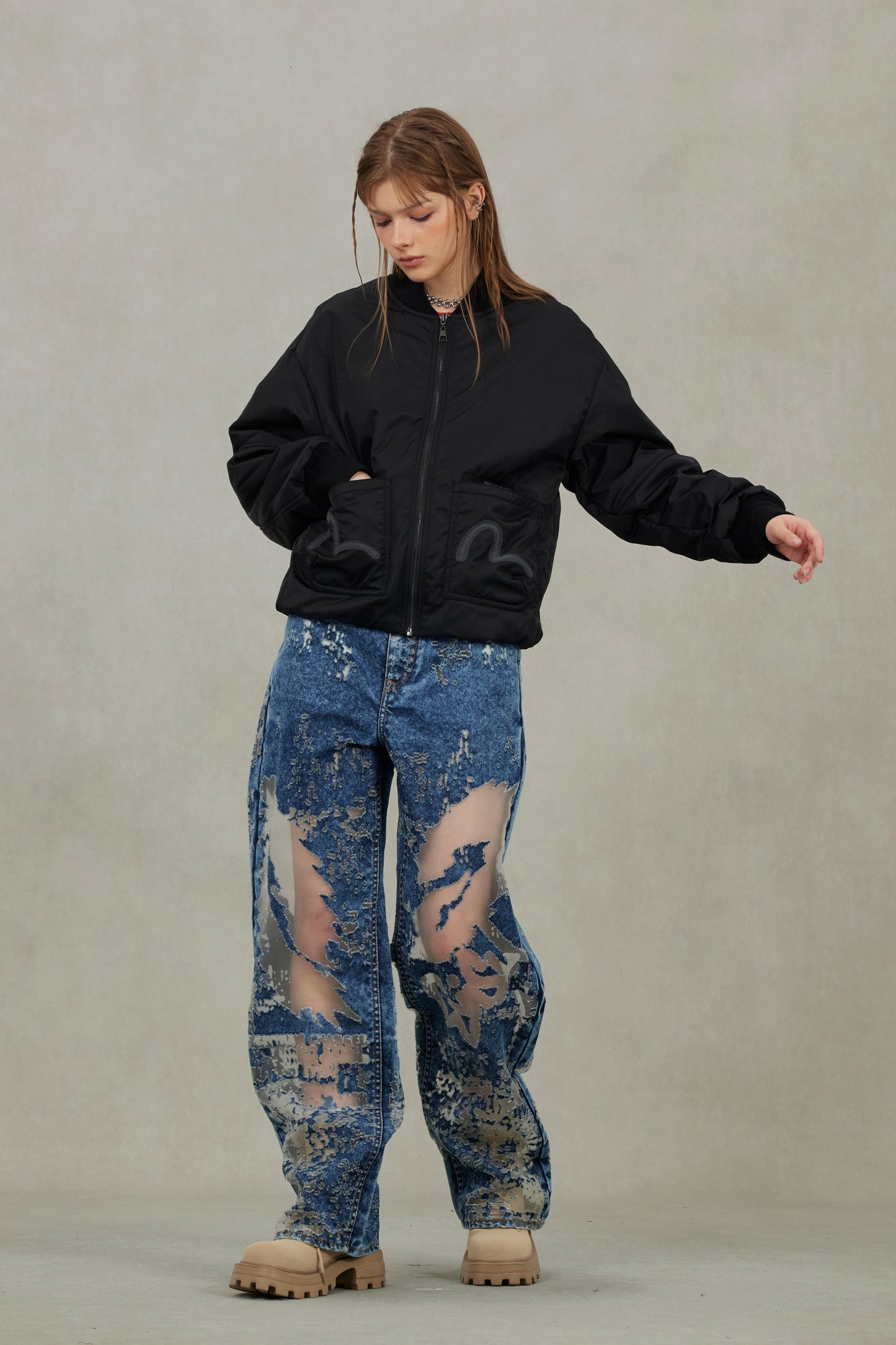 Fuzzy Cat Appliqué and Logo Embroidery Drop-Shoulder Bomber Jacket