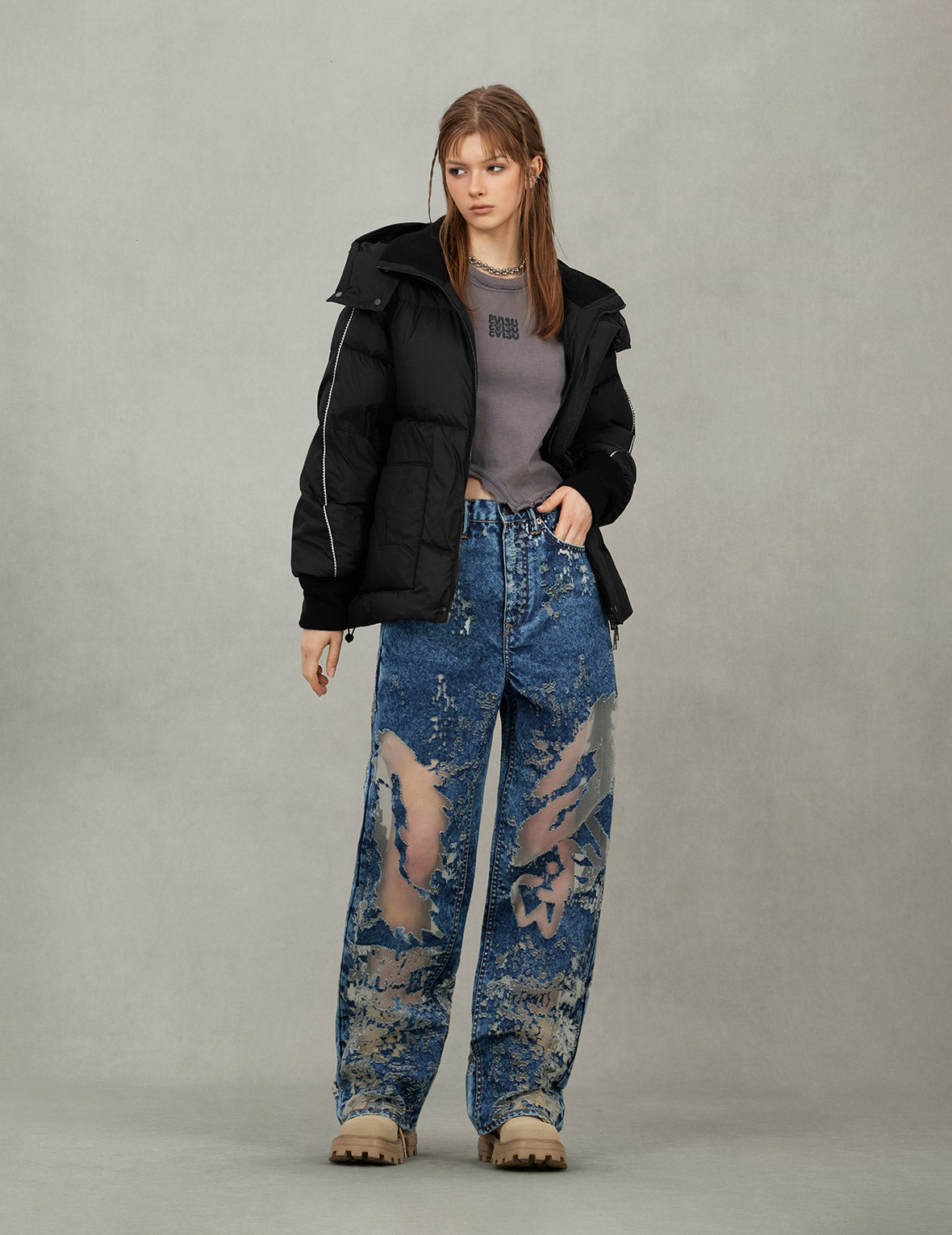 海鷗與商標刺繡時尚版型可拆式連帽羽絨外套