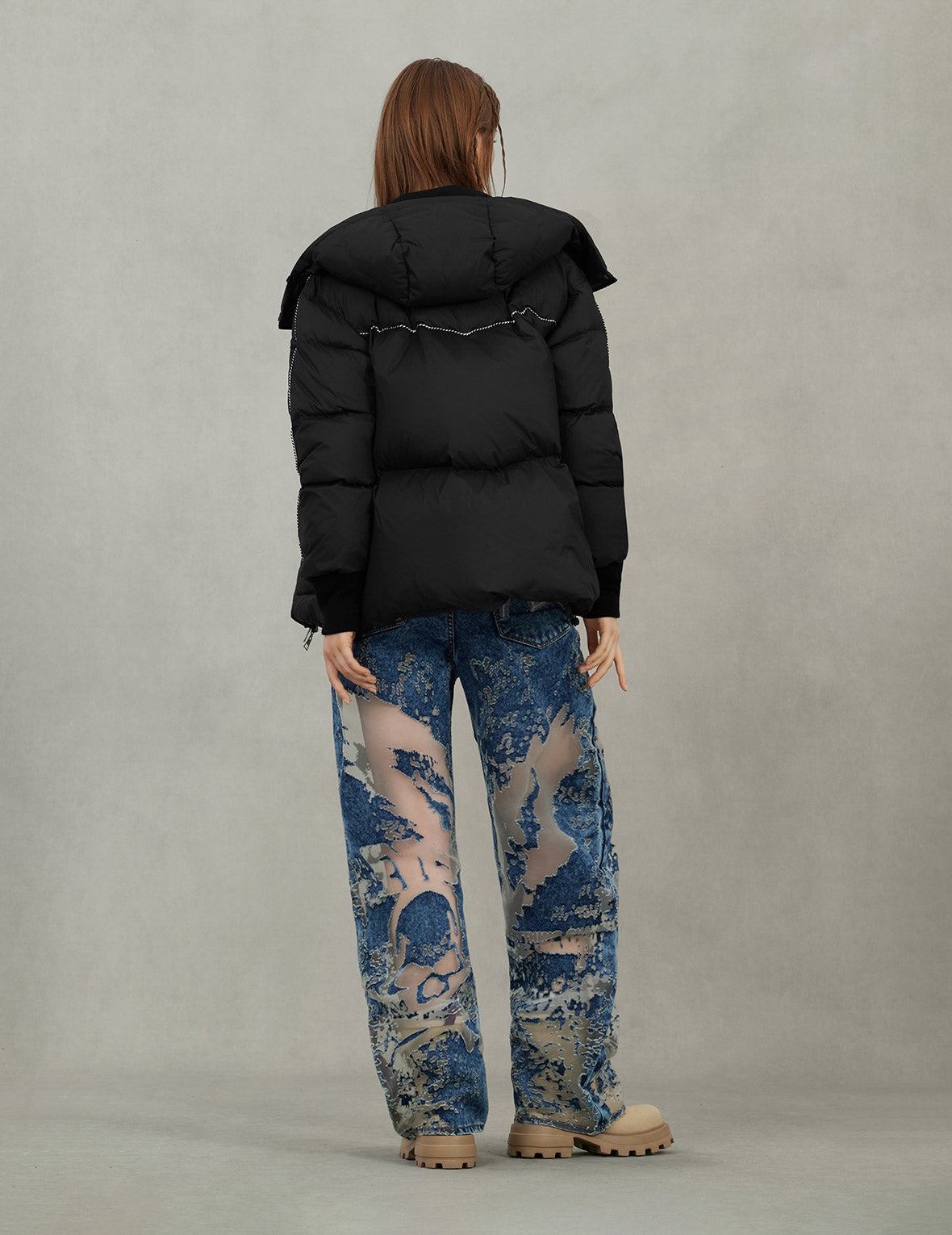 海鷗與商標刺繡時尚版型可拆式連帽羽絨外套