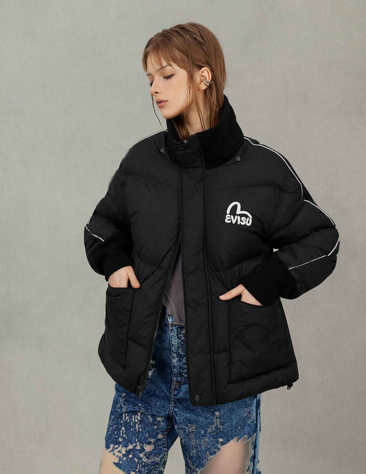 海鷗與商標刺繡時尚版型可拆式連帽羽絨外套