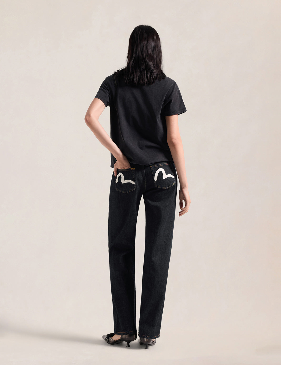 白色海鷗經典印花休閒牛仔褲