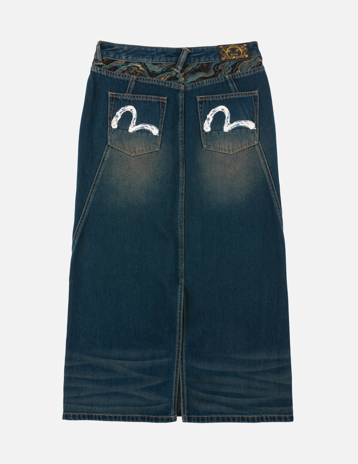 Water-marble Brocade Denim Maxi Skirt