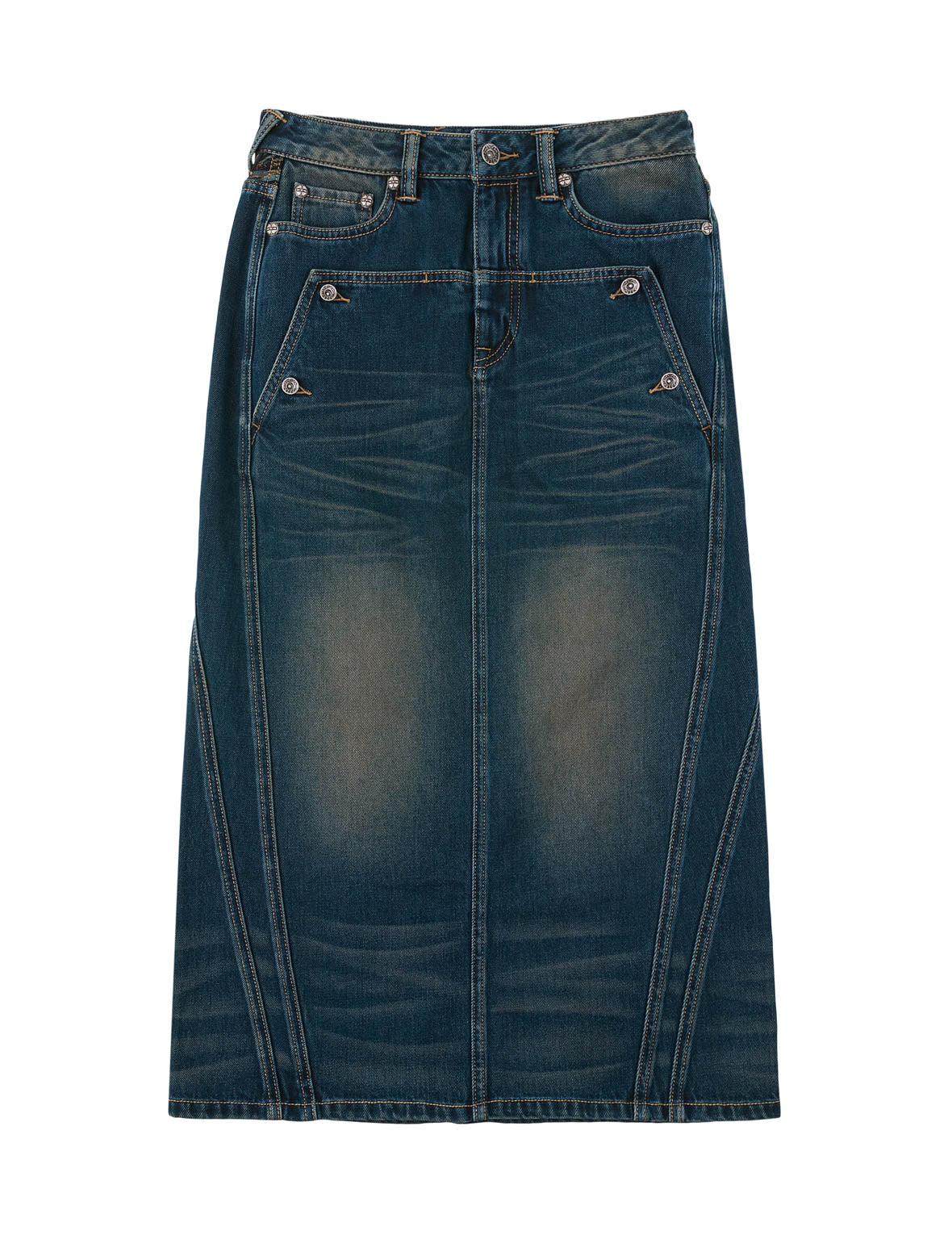 Water-marble Brocade Denim Maxi Skirt