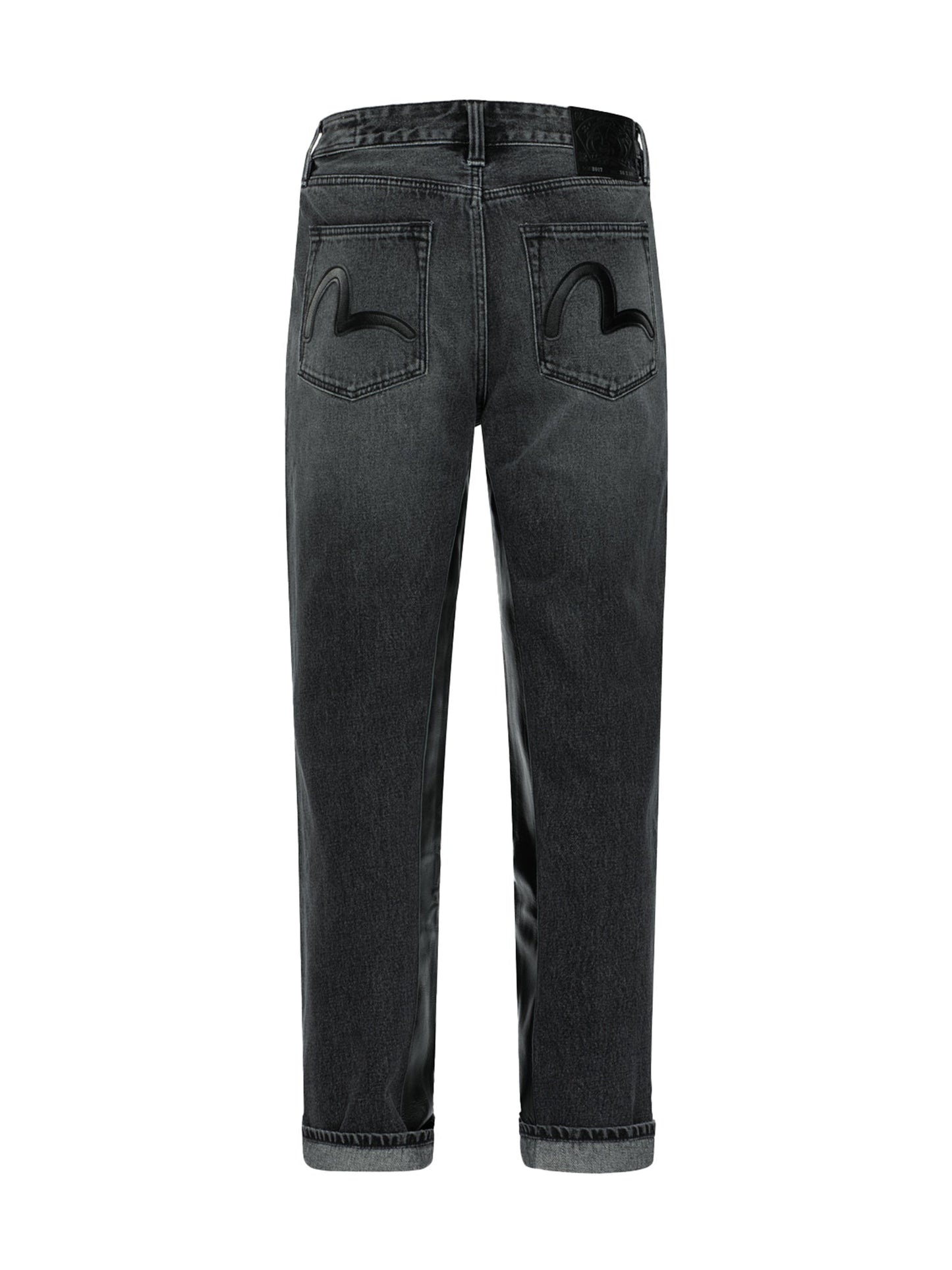 皮革鑲嵌和海鷗口袋鬆身闊腿牛仔褲