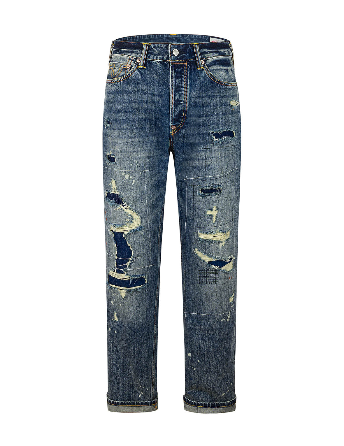 破損海鷗嵌條刺繡常規牛仔褲 #2000