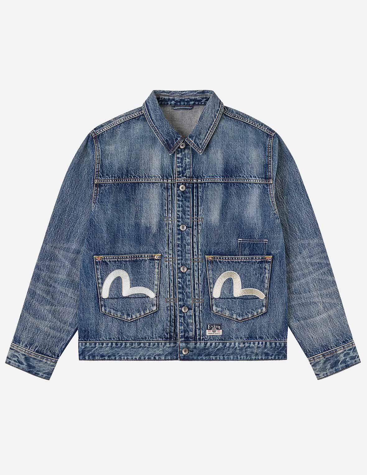 【3】 echeveria Aged Denim Jacket Brocade Patch Multi-pocket Denim Jacket – EVISU