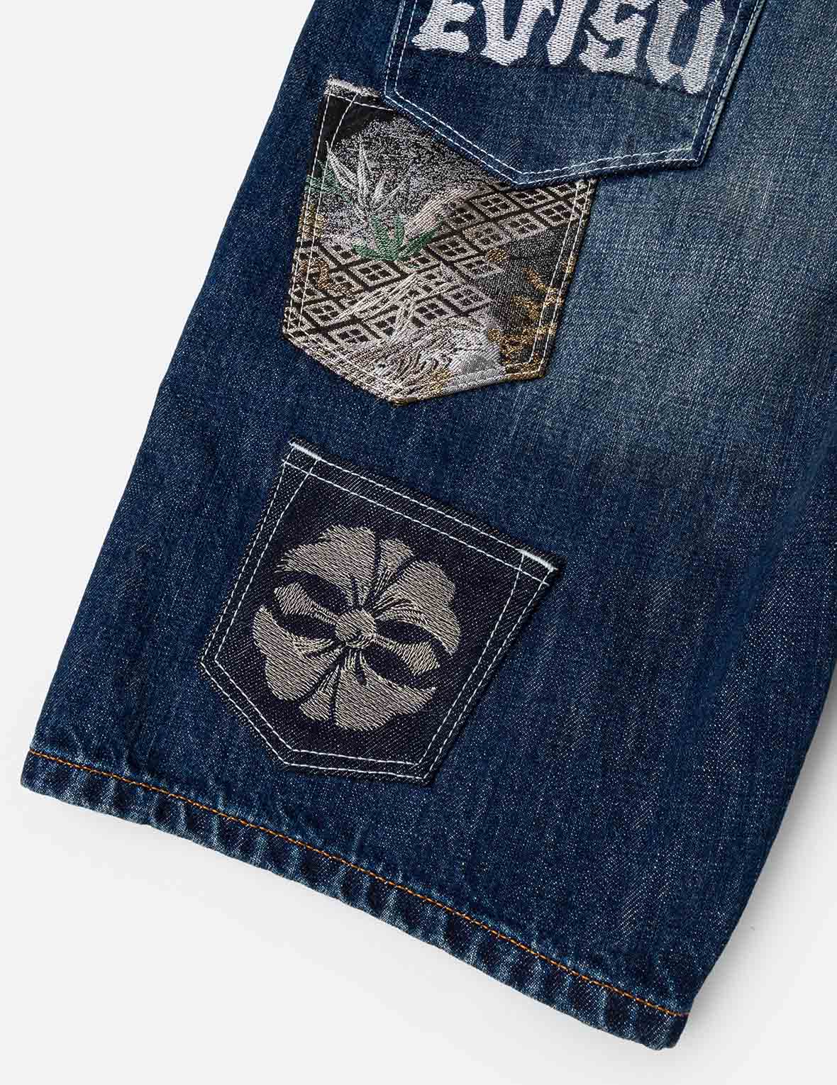 織錦拼布多口袋牛仔短褲