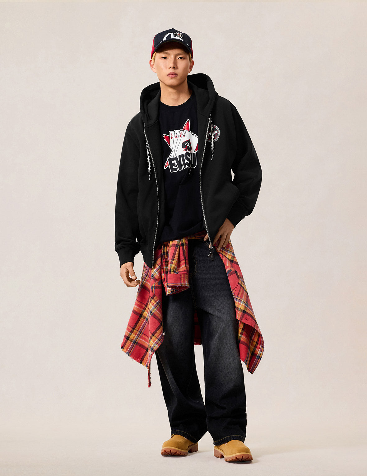 撲克葵扇刺繡拉鍊連帽外套 - 黑