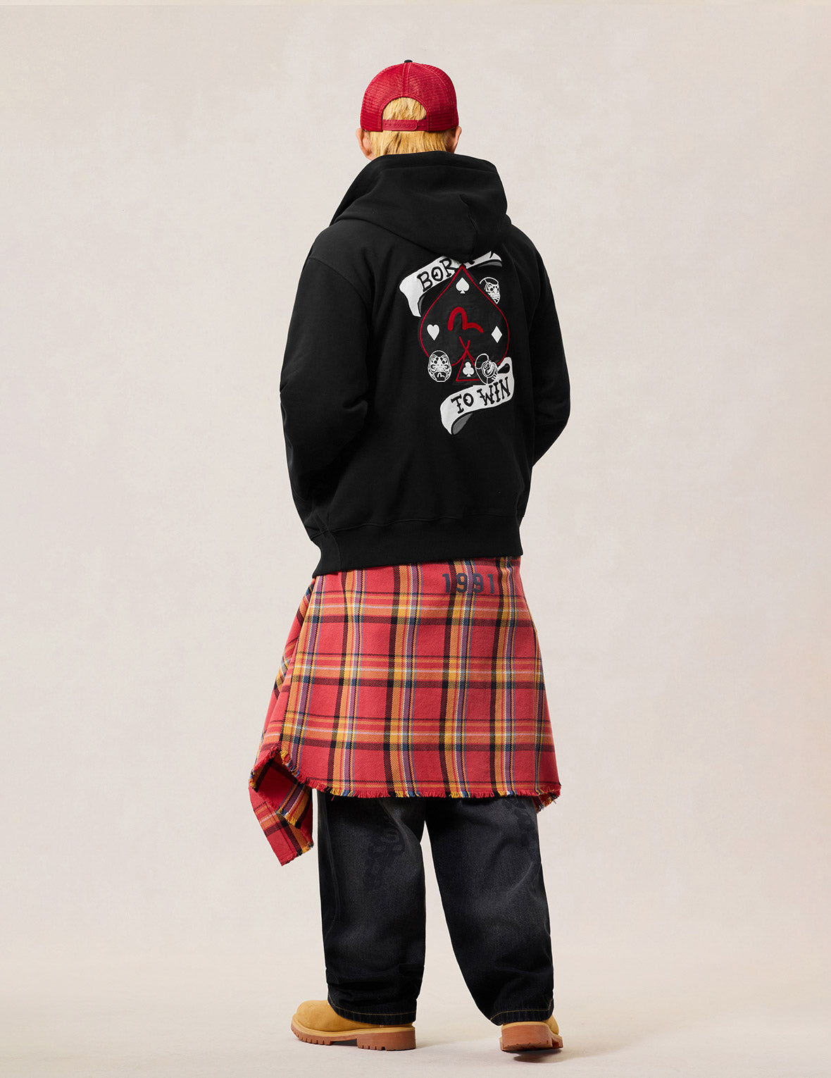 撲克葵扇刺繡拉鍊連帽外套 - 黑