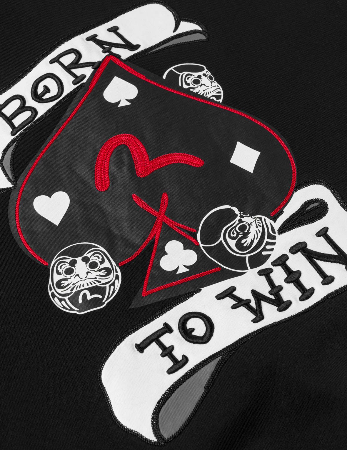 撲克葵扇刺繡拉鍊連帽外套 - 黑