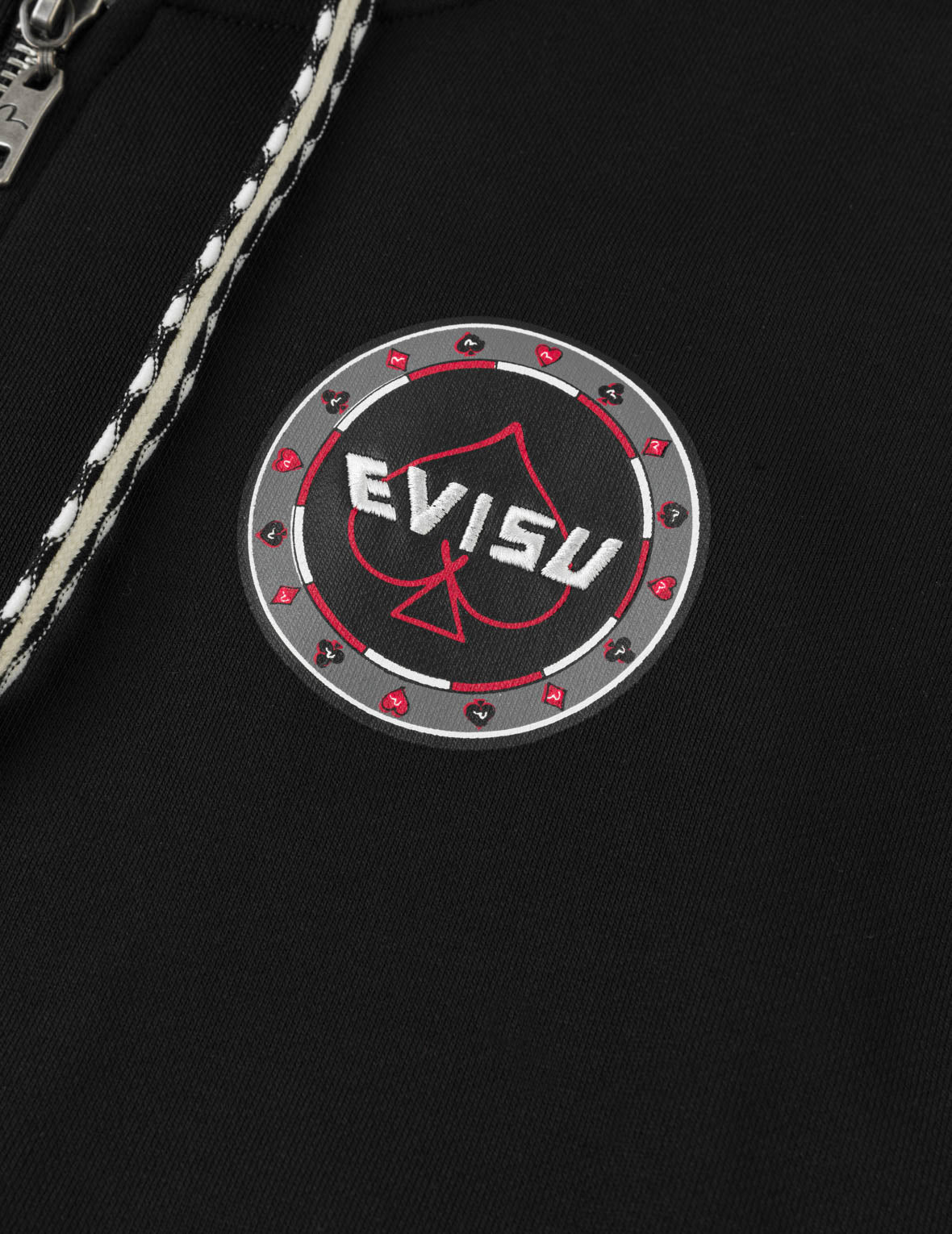 撲克葵扇刺繡拉鍊連帽外套 - 黑