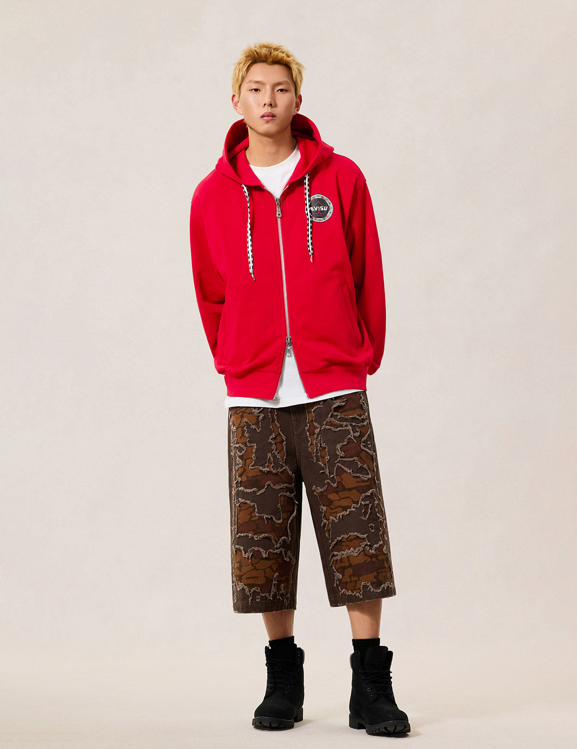 撲克葵扇刺繡拉鍊連帽外套 - 紅