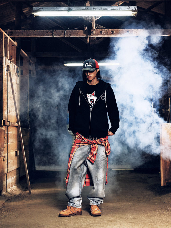 撲克葵扇刺繡拉鍊連帽外套 - 紅