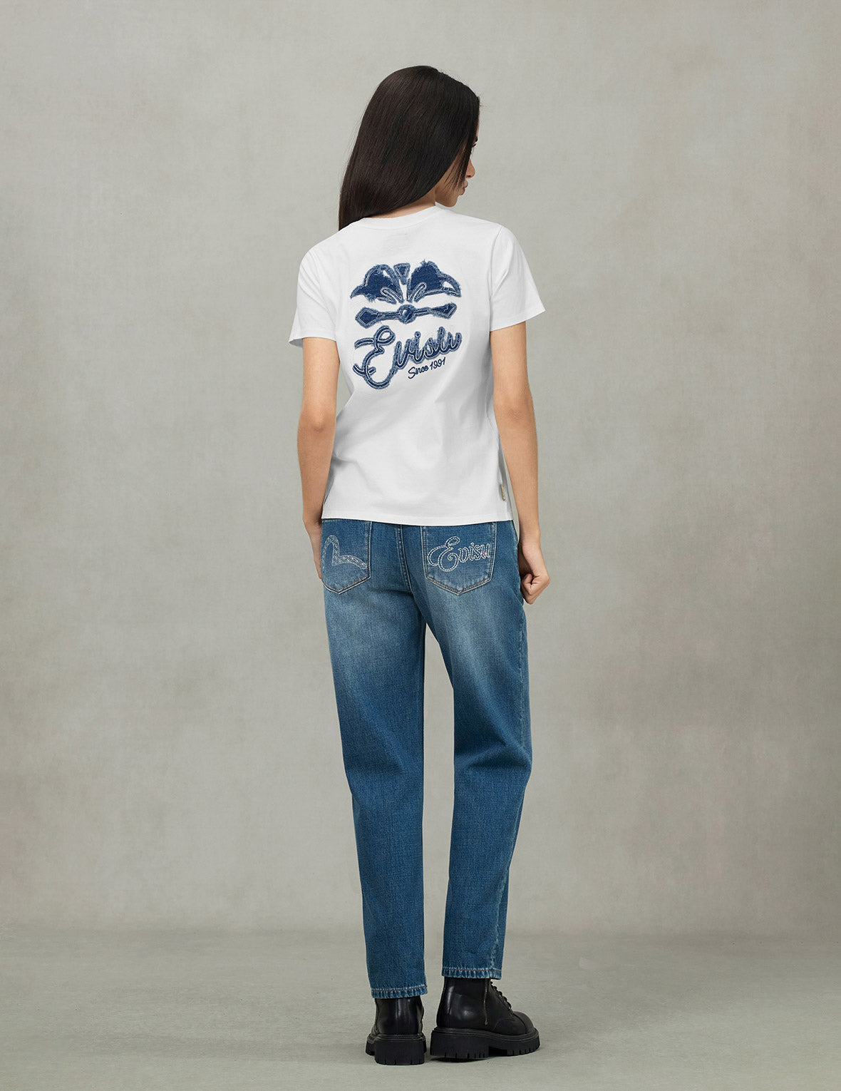 Rhinestone Logo and Seagull Print Boyfriend Jeans