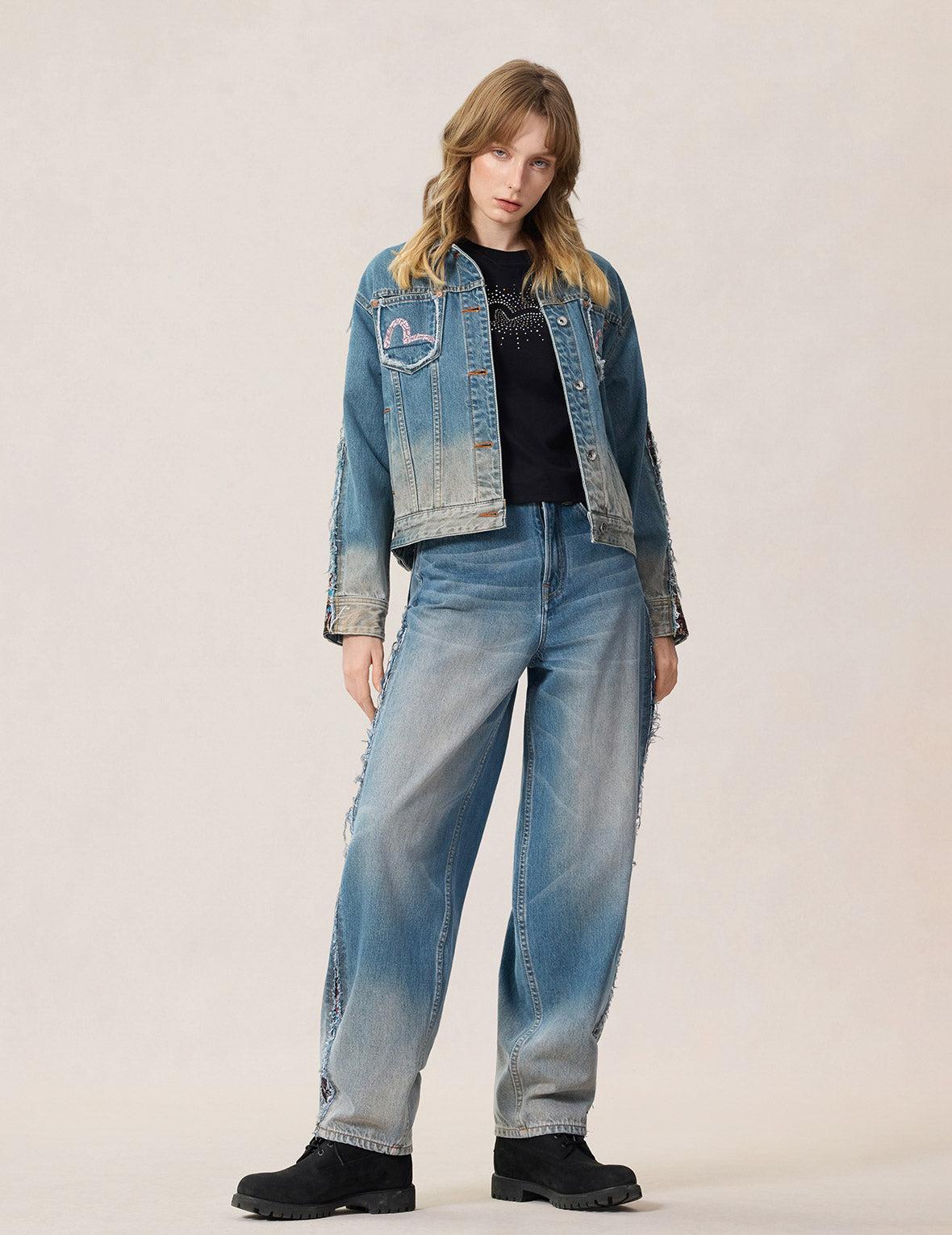 織錦布拼接牛仔外套