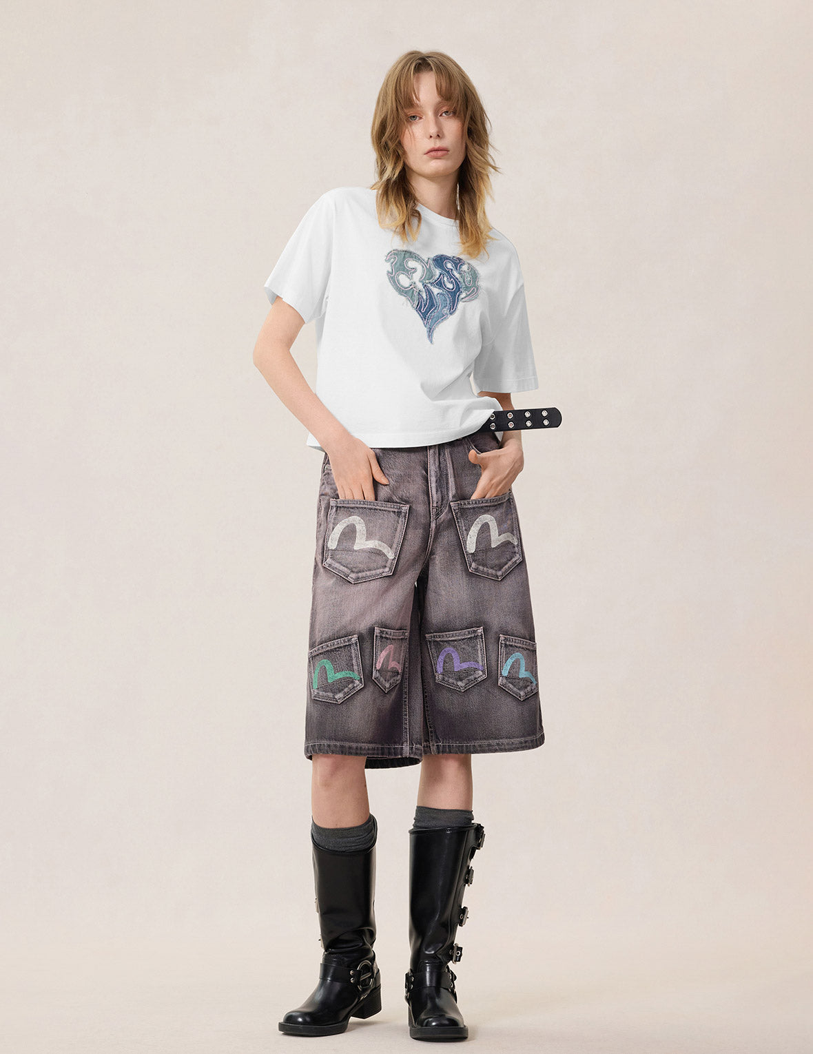 Seagull Print Multi-Pocket Denim Shorts