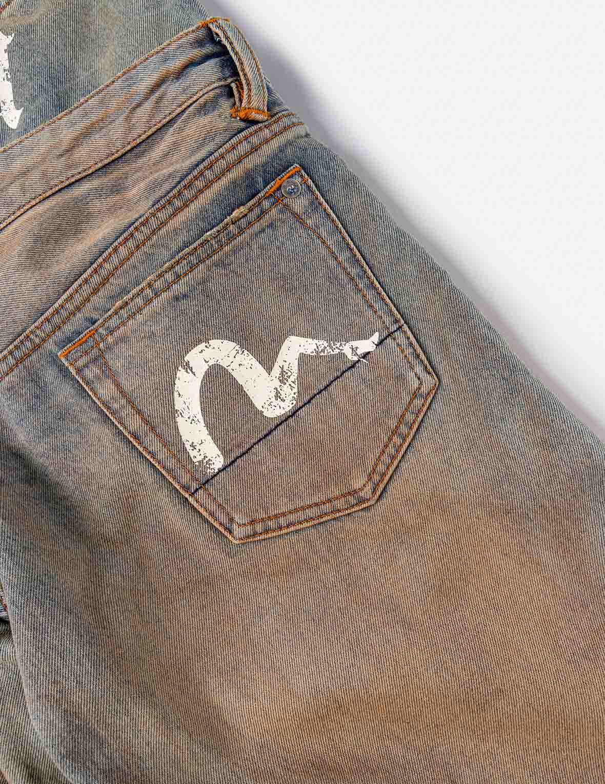 雙層腰頭做舊牛仔褲