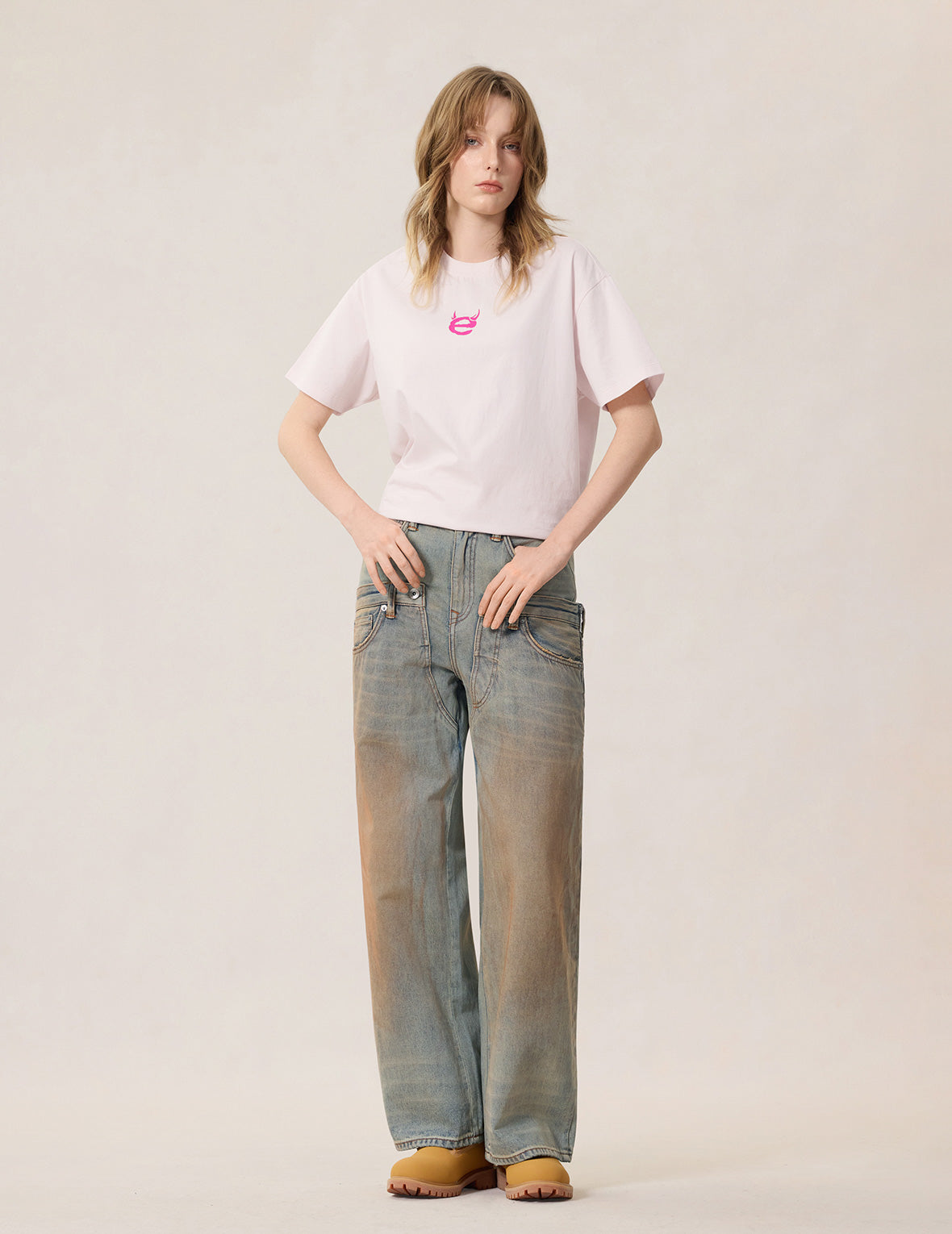 雙層腰頭做舊牛仔褲